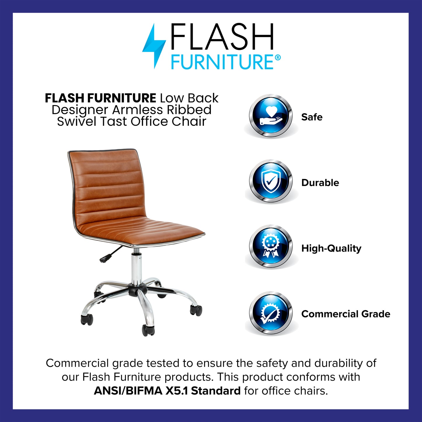 Alan Low Back Designer Armless Brown Ribbed Swivel Task Office Chair Brown Vinyl/Chrome Frame