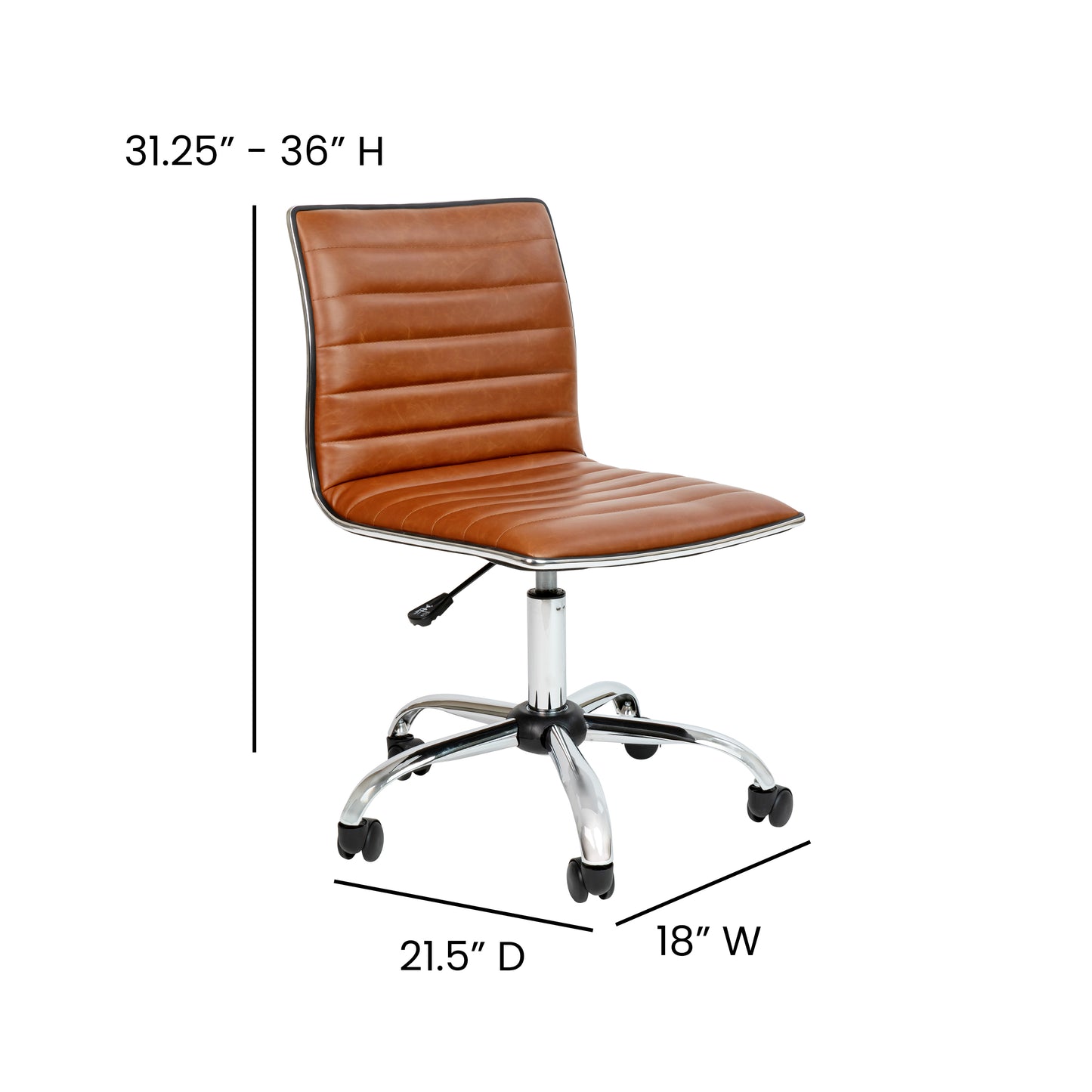 Alan Low Back Designer Armless Brown Ribbed Swivel Task Office Chair Brown Vinyl/Chrome Frame