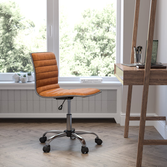 Alan Low Back Designer Armless Brown Ribbed Swivel Task Office Chair Brown Vinyl/Chrome Frame DS-512B-BR-GG