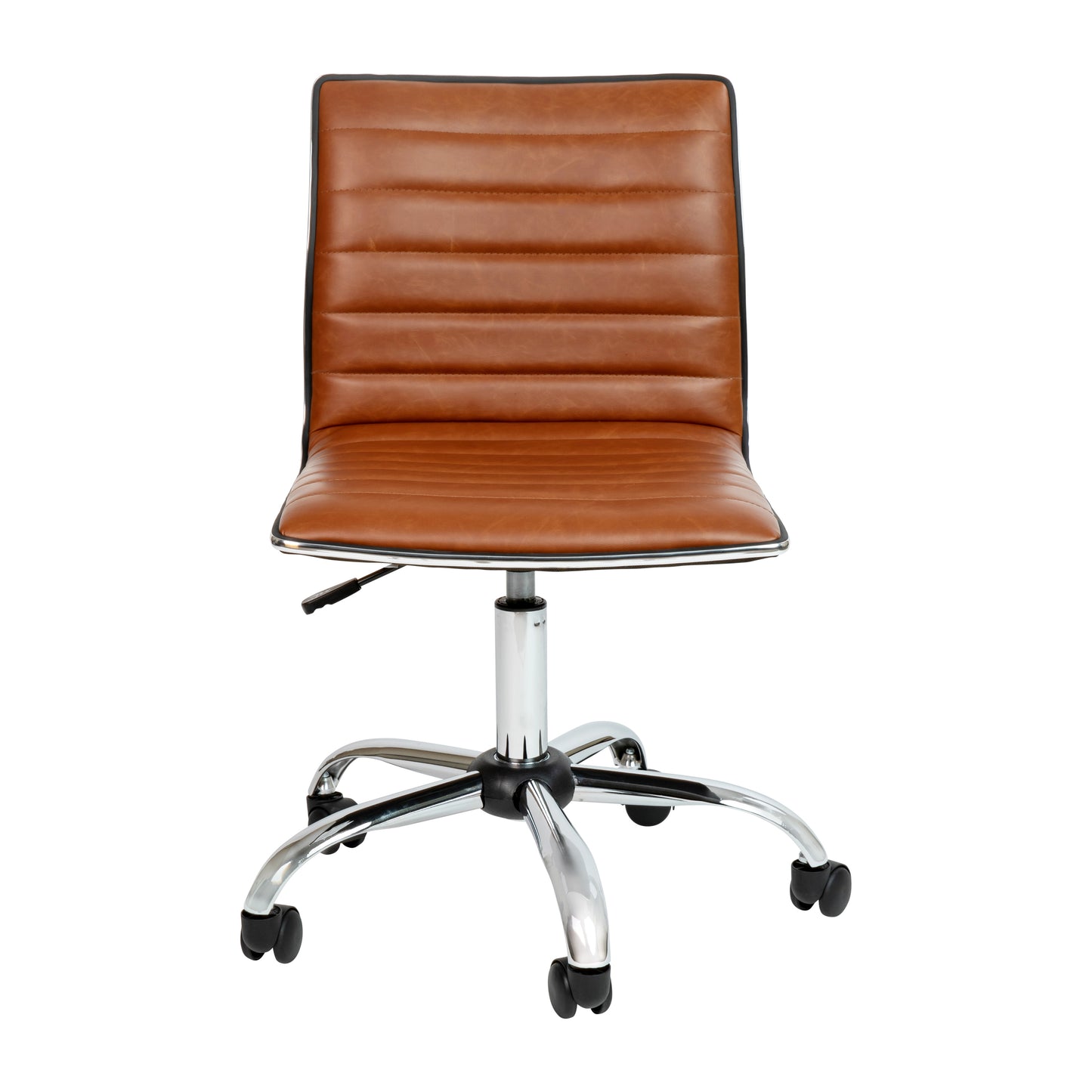 Alan Low Back Designer Armless Brown Ribbed Swivel Task Office Chair Brown Vinyl/Chrome Frame