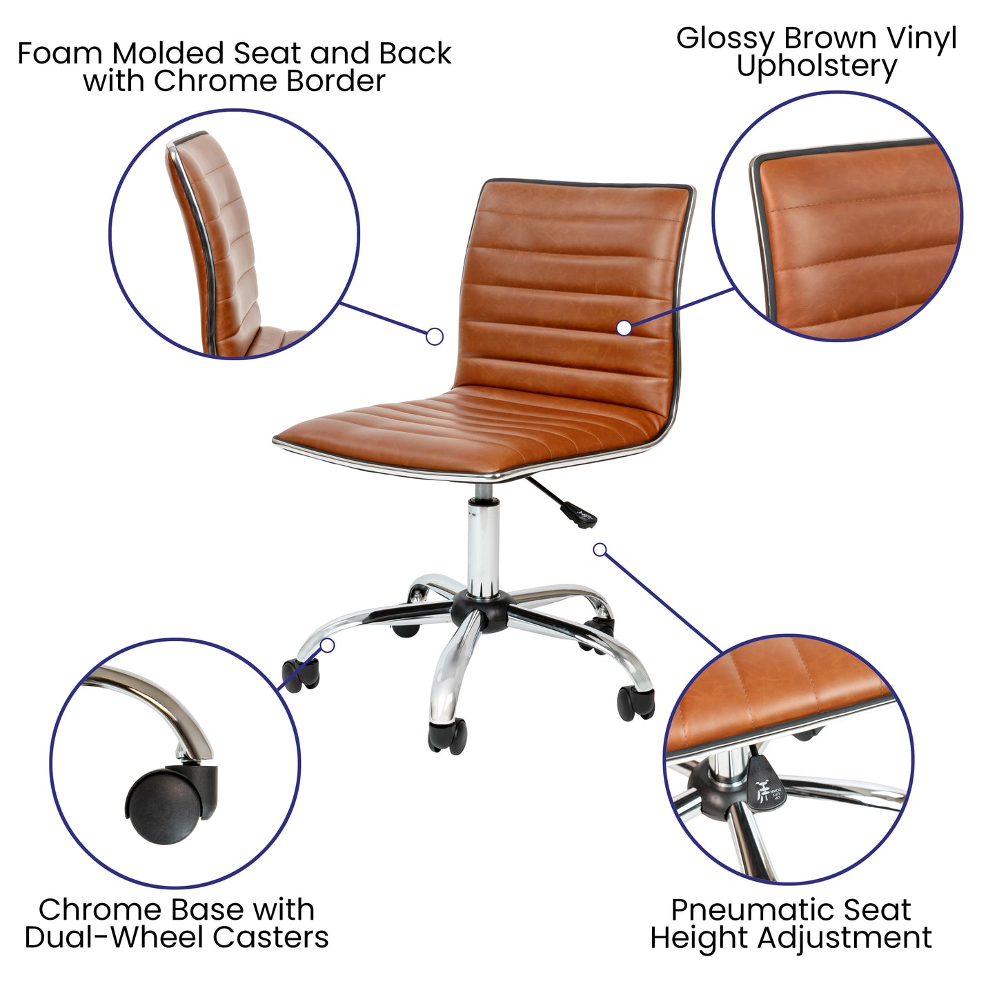 Alan Low Back Designer Armless Brown Ribbed Swivel Task Office Chair Brown Vinyl/Chrome Frame