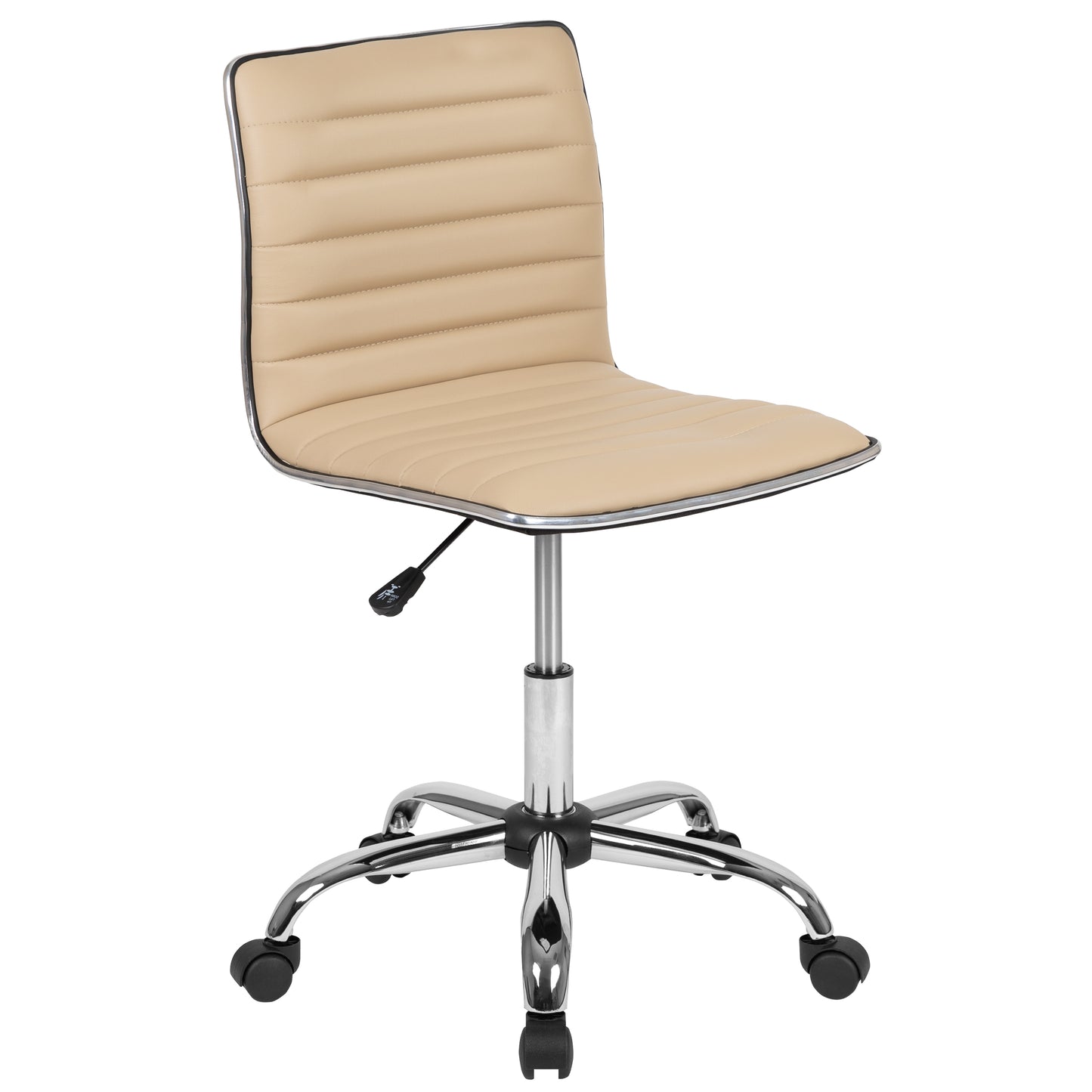 Alan Low Back Designer Armless Tan Ribbed Swivel Task Office Chair Tan Vinyl/Chrome Frame