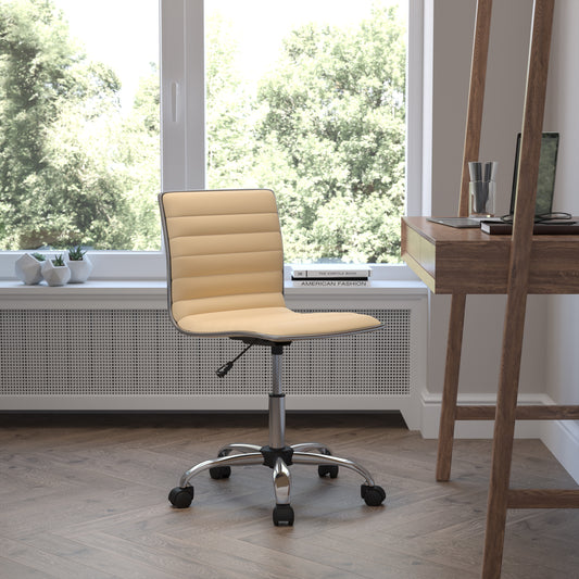 Alan Low Back Designer Armless Tan Ribbed Swivel Task Office Chair Tan Vinyl/Chrome Frame DS-512B-TAN-GG