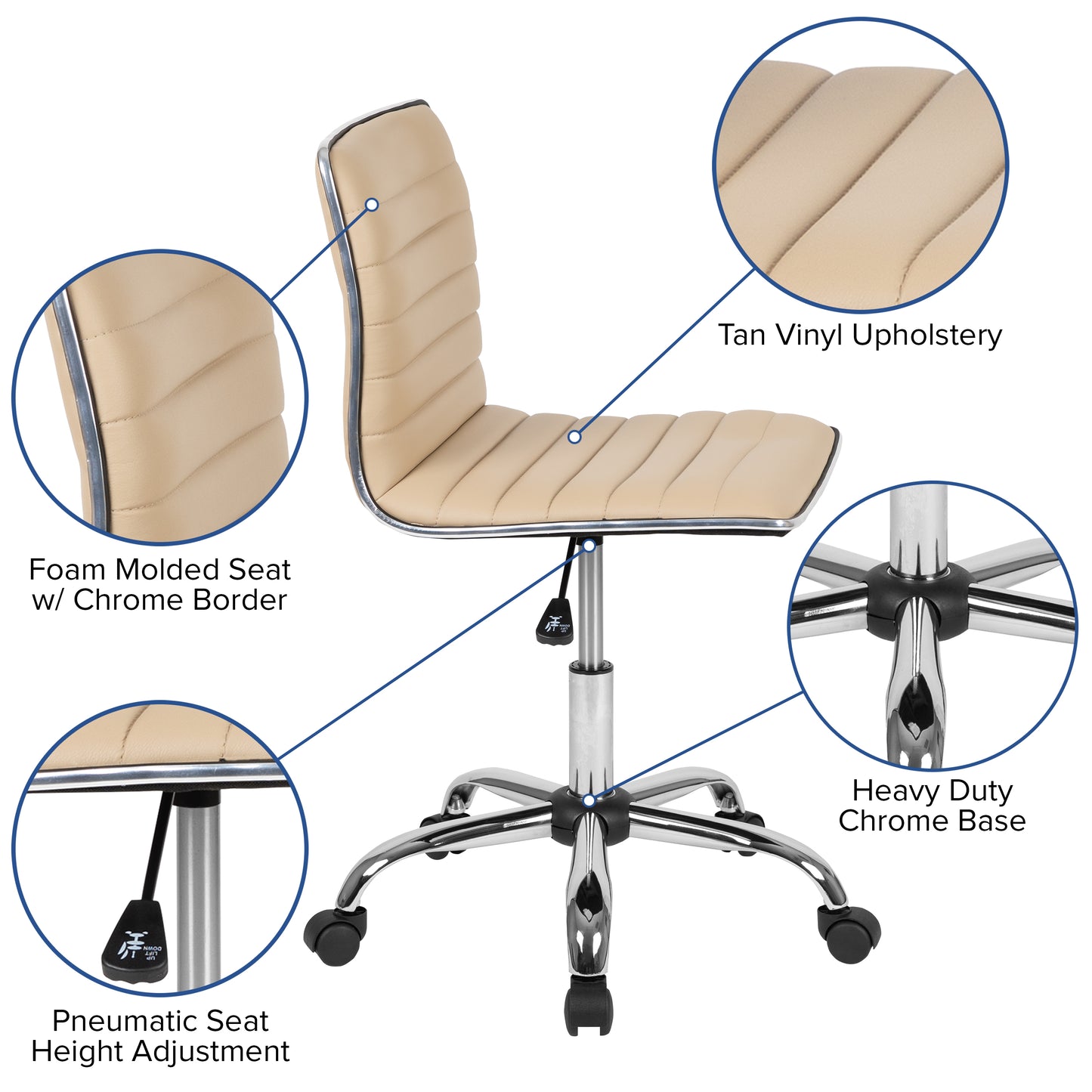 Alan Low Back Designer Armless Tan Ribbed Swivel Task Office Chair Tan Vinyl/Chrome Frame