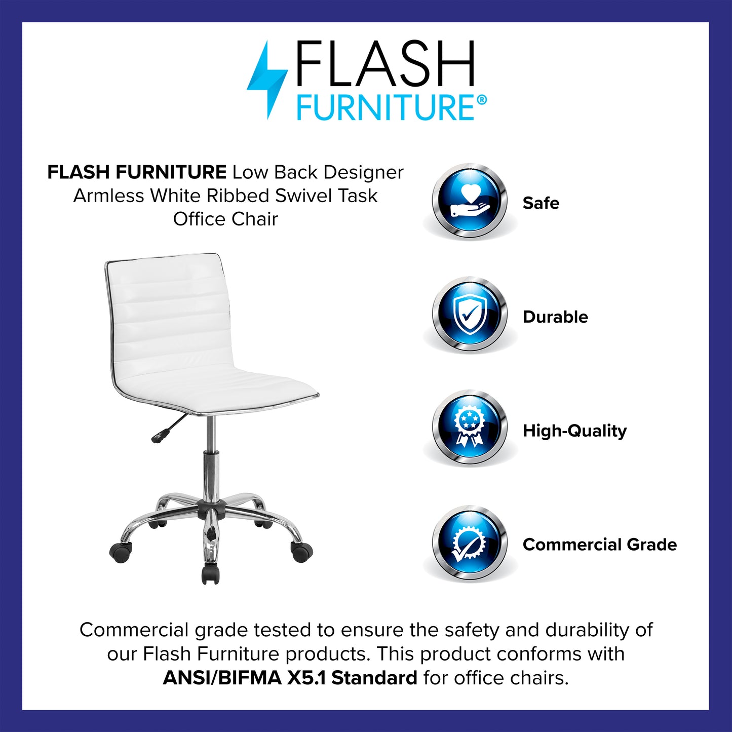 Alan Low Back Designer Armless White Ribbed Swivel Task Office Chair White Vinyl/Chrome Frame