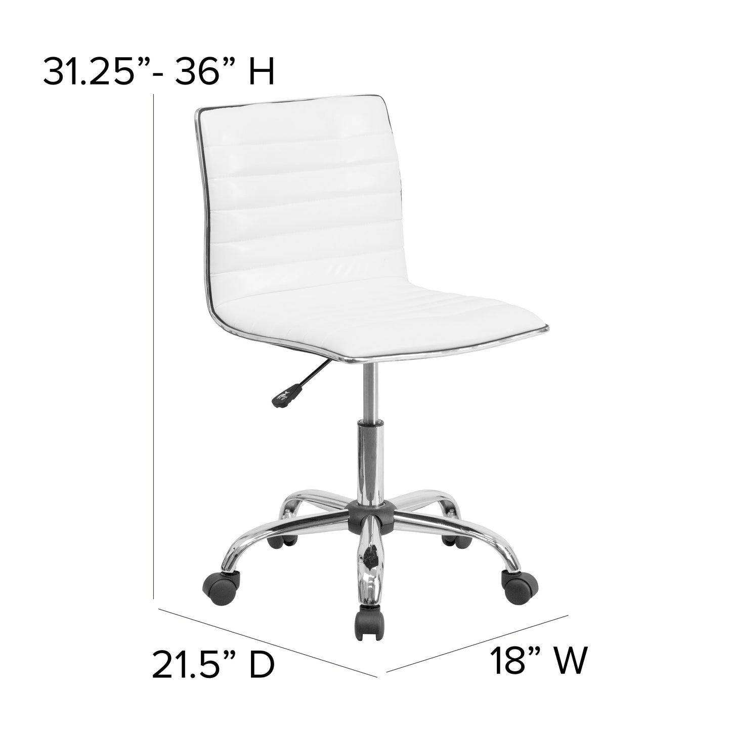 Alan Low Back Designer Armless White Ribbed Swivel Task Office Chair White Vinyl/Chrome Frame