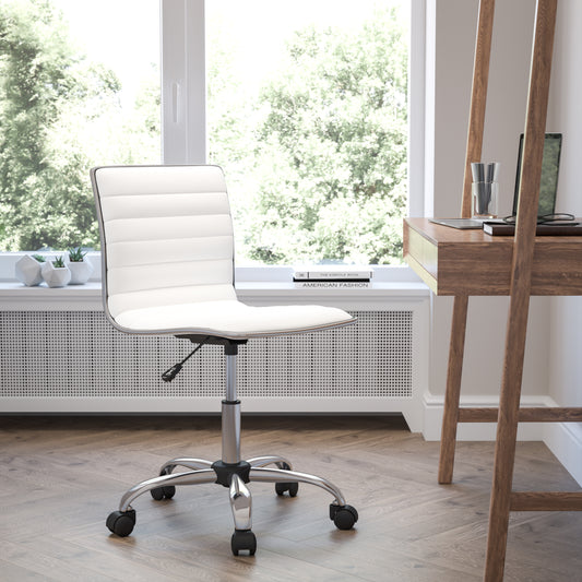 Alan Low Back Designer Armless White Ribbed Swivel Task Office Chair White Vinyl/Chrome Frame DS-512B-WH-GG