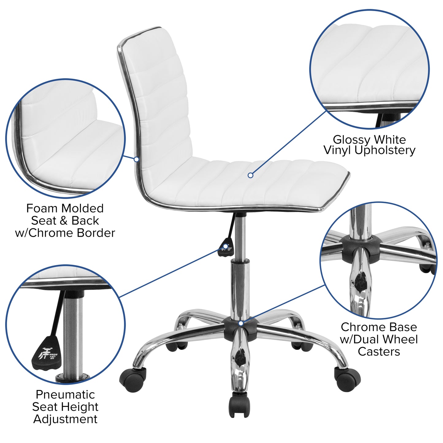 Alan Low Back Designer Armless White Ribbed Swivel Task Office Chair White Vinyl/Chrome Frame