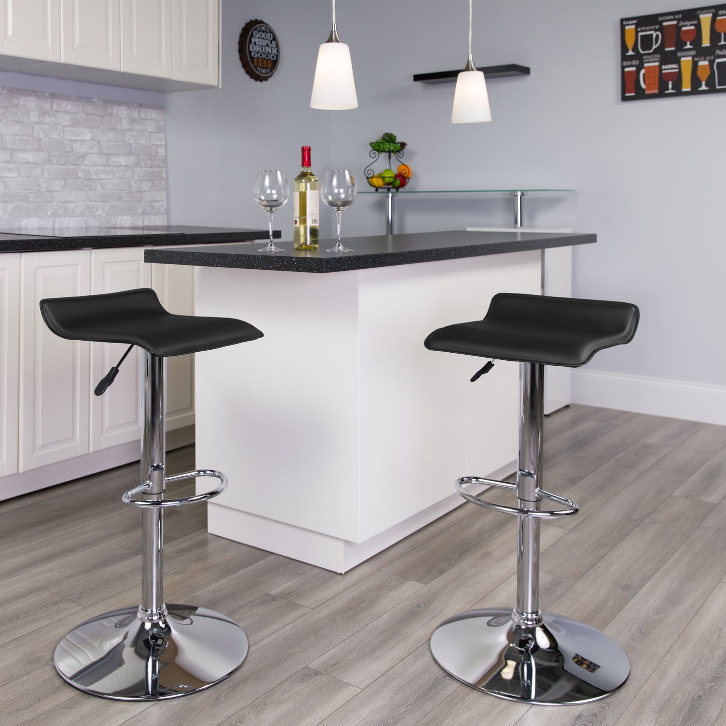 Dax Contemporary Black Vinyl Adjustable Height Barstool with Solid Wave Seat and Chrome Base Black