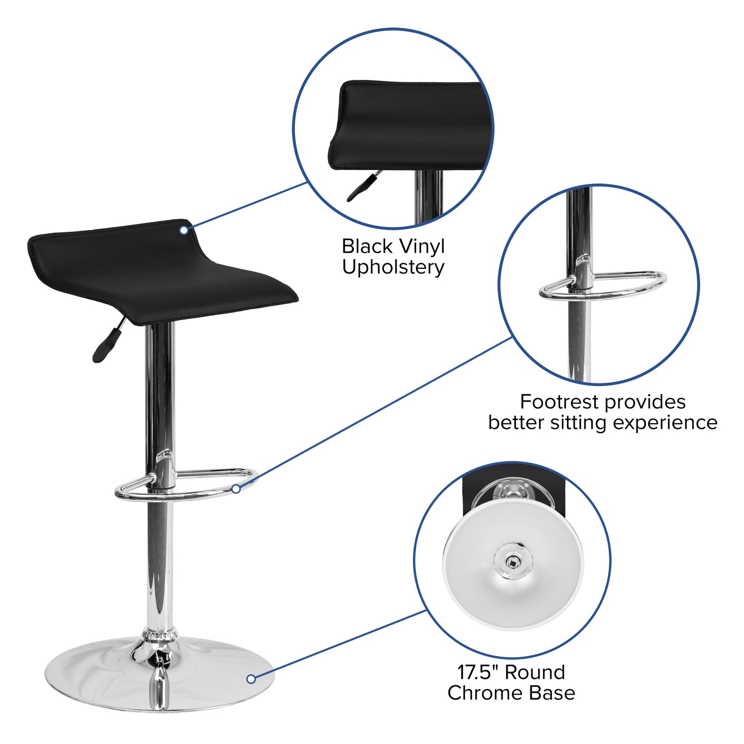 Dax Contemporary Black Vinyl Adjustable Height Barstool with Solid Wave Seat and Chrome Base Black