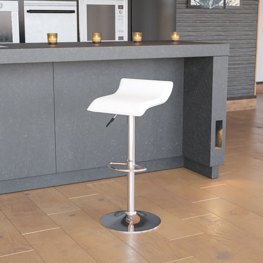 Dax Contemporary White Vinyl Adjustable Height Barstool with Solid Wave Seat and Chrome Base White