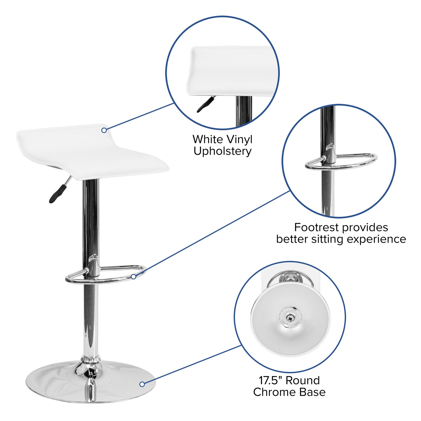 Dax Contemporary White Vinyl Adjustable Height Barstool with Solid Wave Seat and Chrome Base White