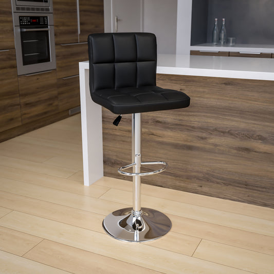 Kathleen Contemporary Black Quilted Vinyl Adjustable Height Barstool with Chrome Base Black