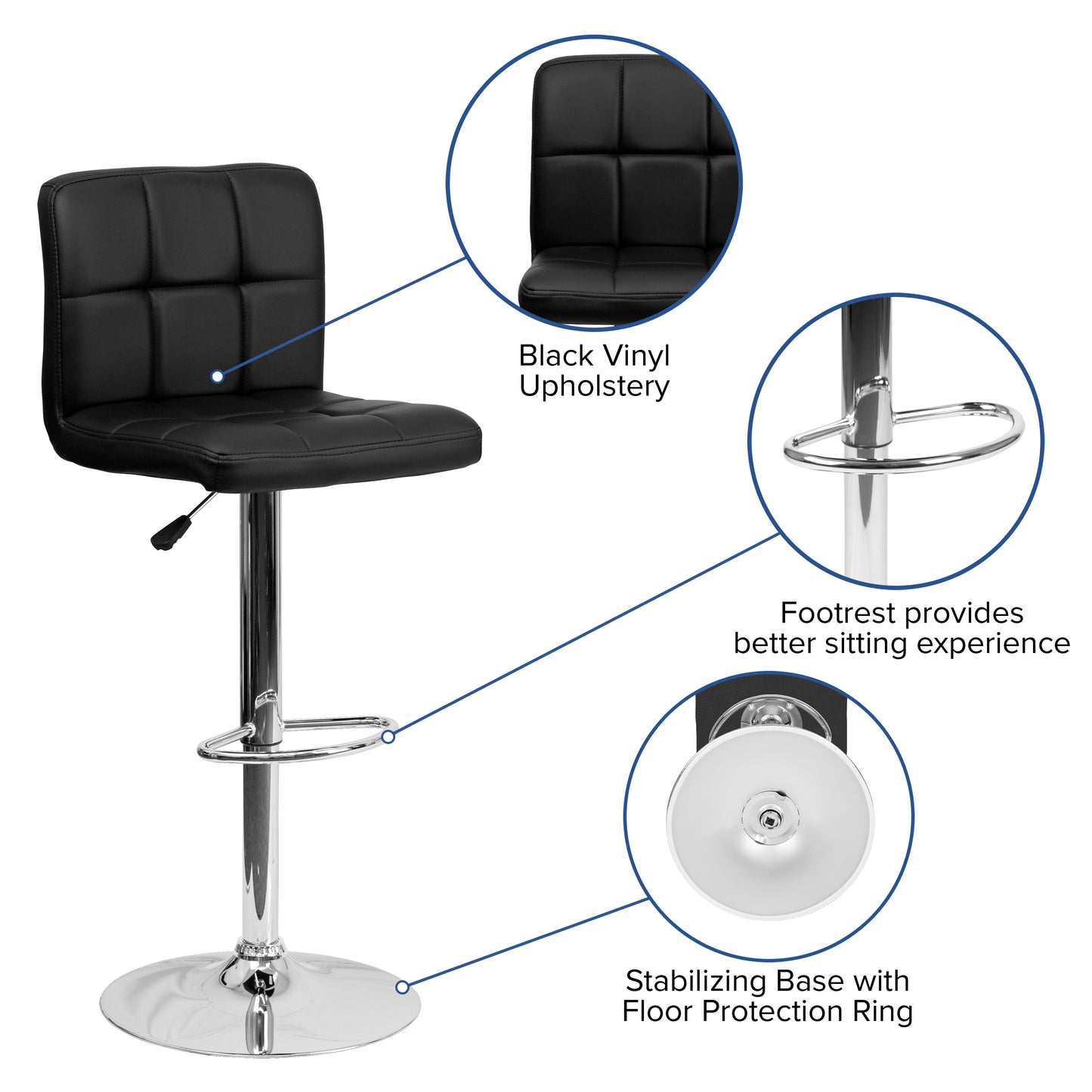 Kathleen Contemporary Black Quilted Vinyl Adjustable Height Barstool with Chrome Base Black