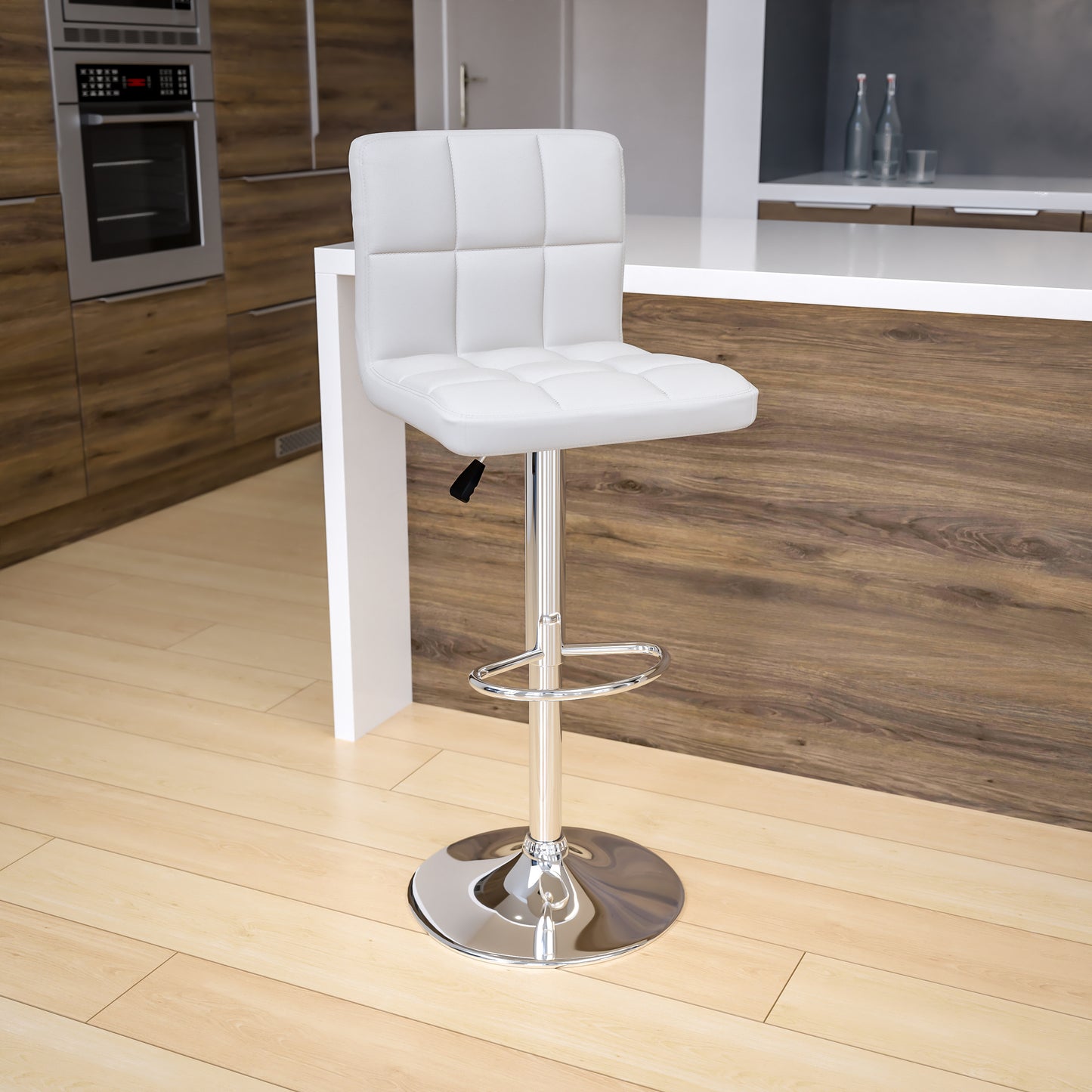 Kathleen Contemporary White Quilted Vinyl Adjustable Height Barstool with Chrome Base White