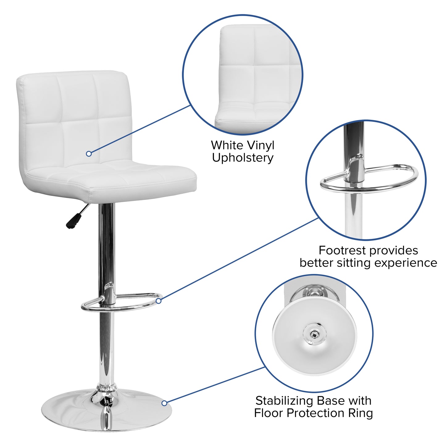 Kathleen Contemporary White Quilted Vinyl Adjustable Height Barstool with Chrome Base White