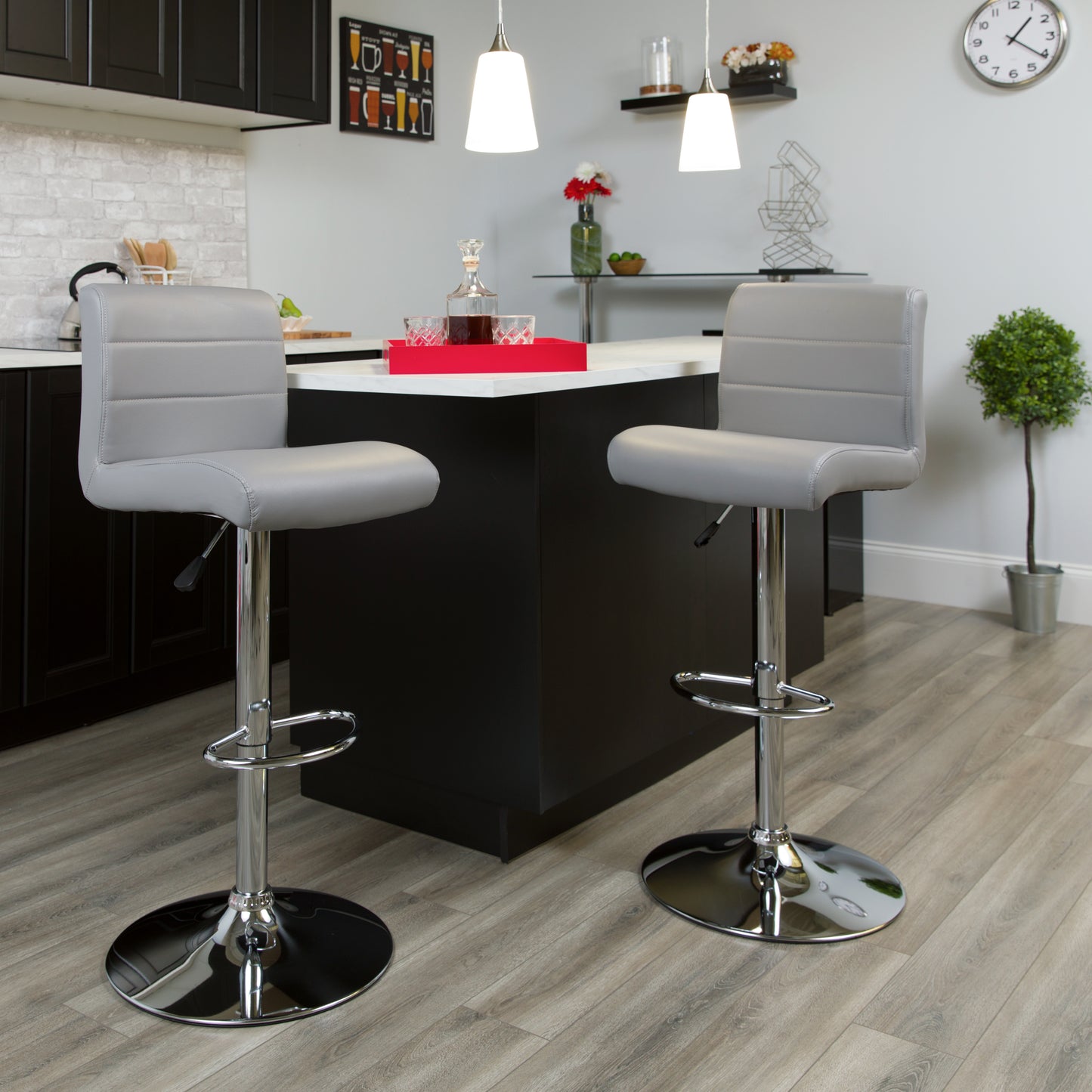 Scott Contemporary Gray Vinyl Adjustable Height Barstool with Rolled Seat and Chrome Base Gray