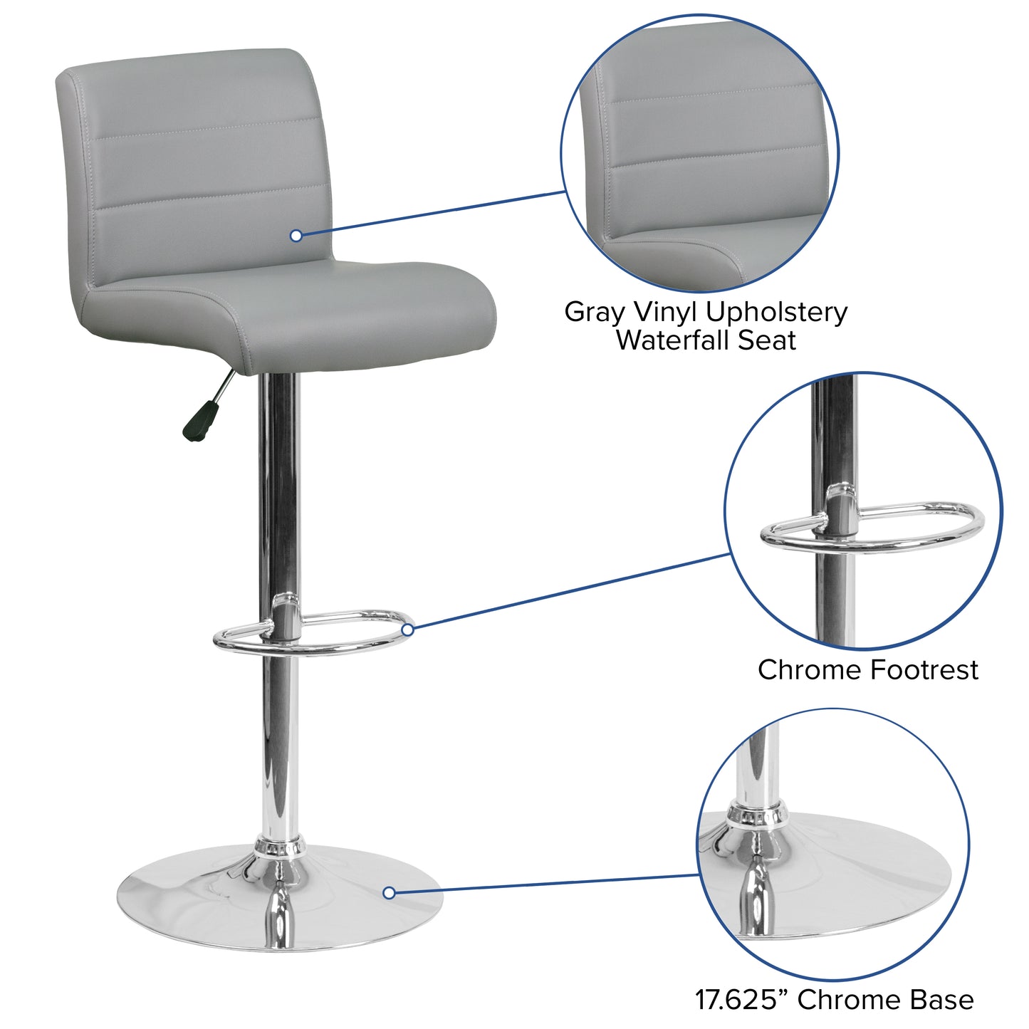 Scott Contemporary Gray Vinyl Adjustable Height Barstool with Rolled Seat and Chrome Base Gray