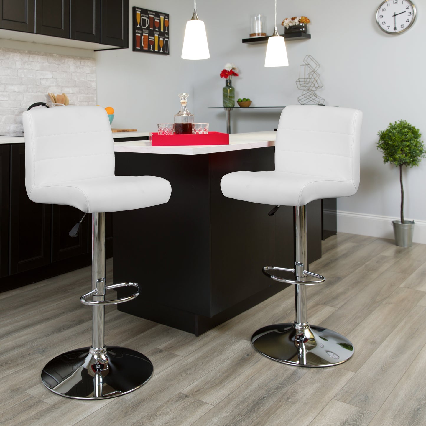Scott Contemporary White Vinyl Adjustable Height Barstool with Rolled Seat and Chrome Base White