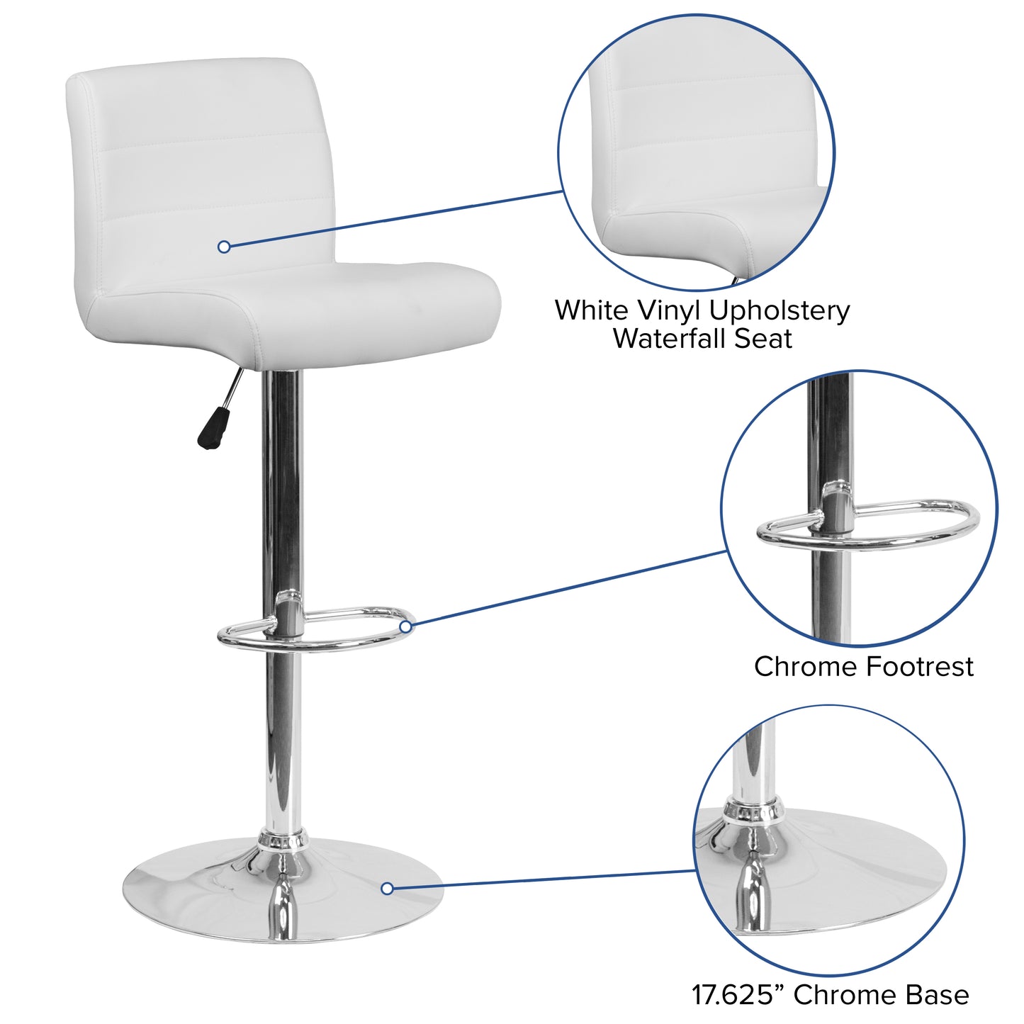 Scott Contemporary White Vinyl Adjustable Height Barstool with Rolled Seat and Chrome Base White