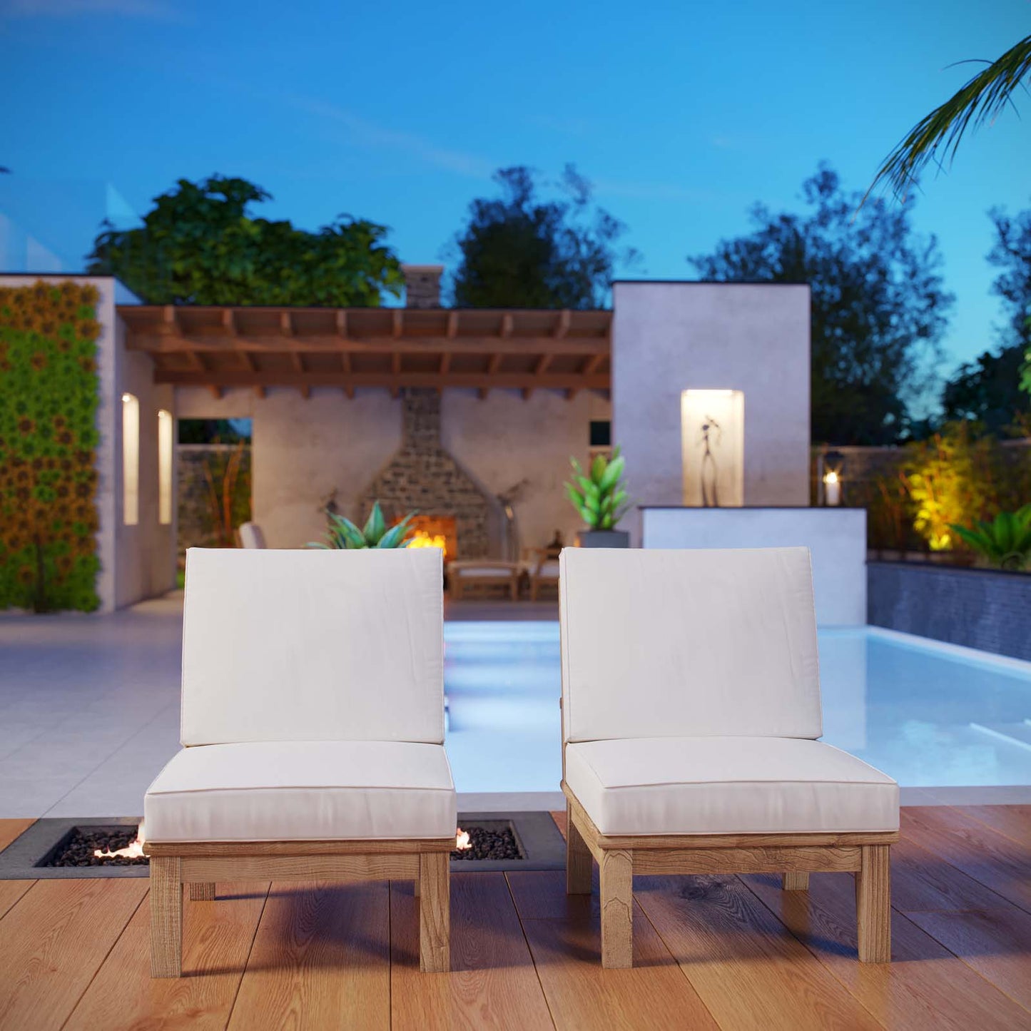 Marina 2 Piece Outdoor Patio Teak Set by Modway EEI-1821-NAT-WHI-SET