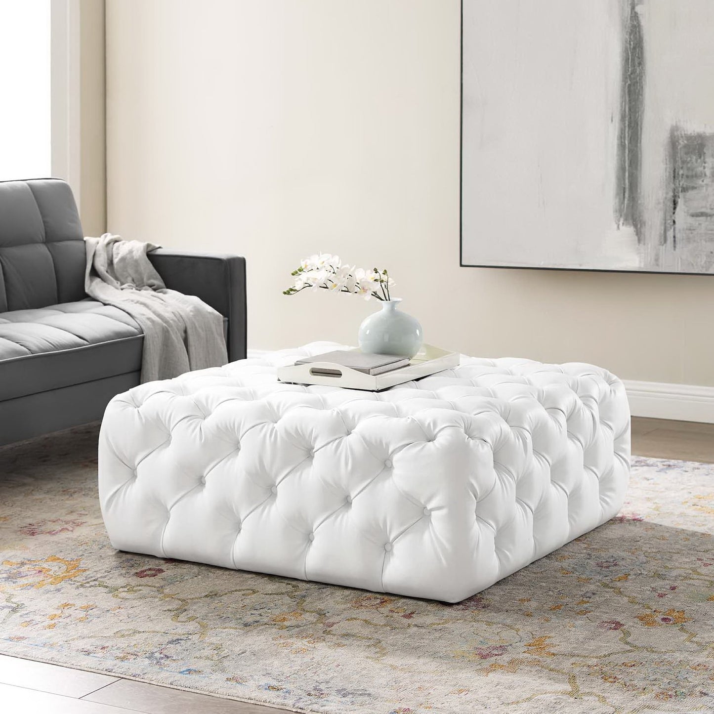 Amour Tufted Button Large Square Faux Leather Ottoman by Modway EEI-3773-WHI