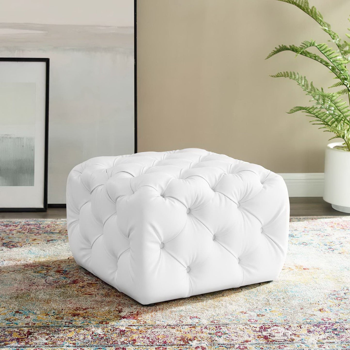 Amour Tufted Button Square Faux Leather Ottoman by Modway EEI-3775-WHI