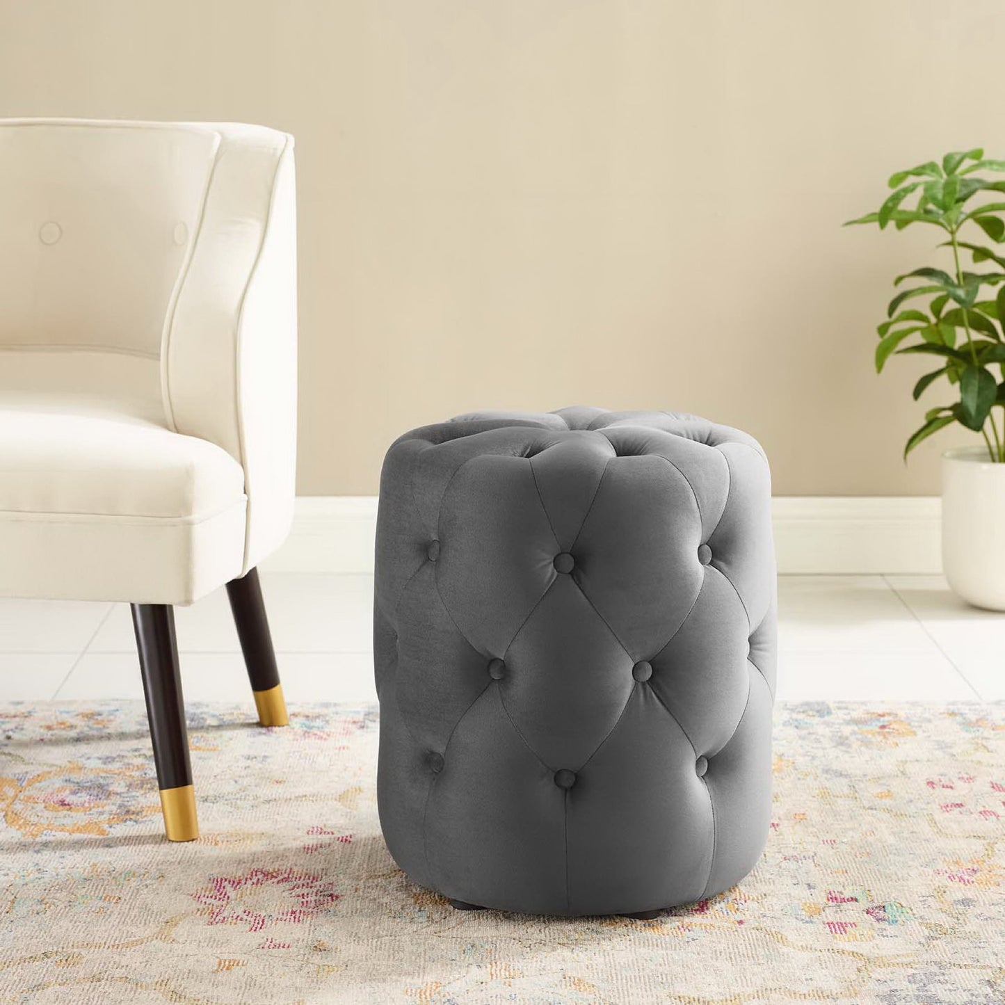 Amour Tufted Button Round Performance Velvet Ottoman by Modway EEI-3778-GRY