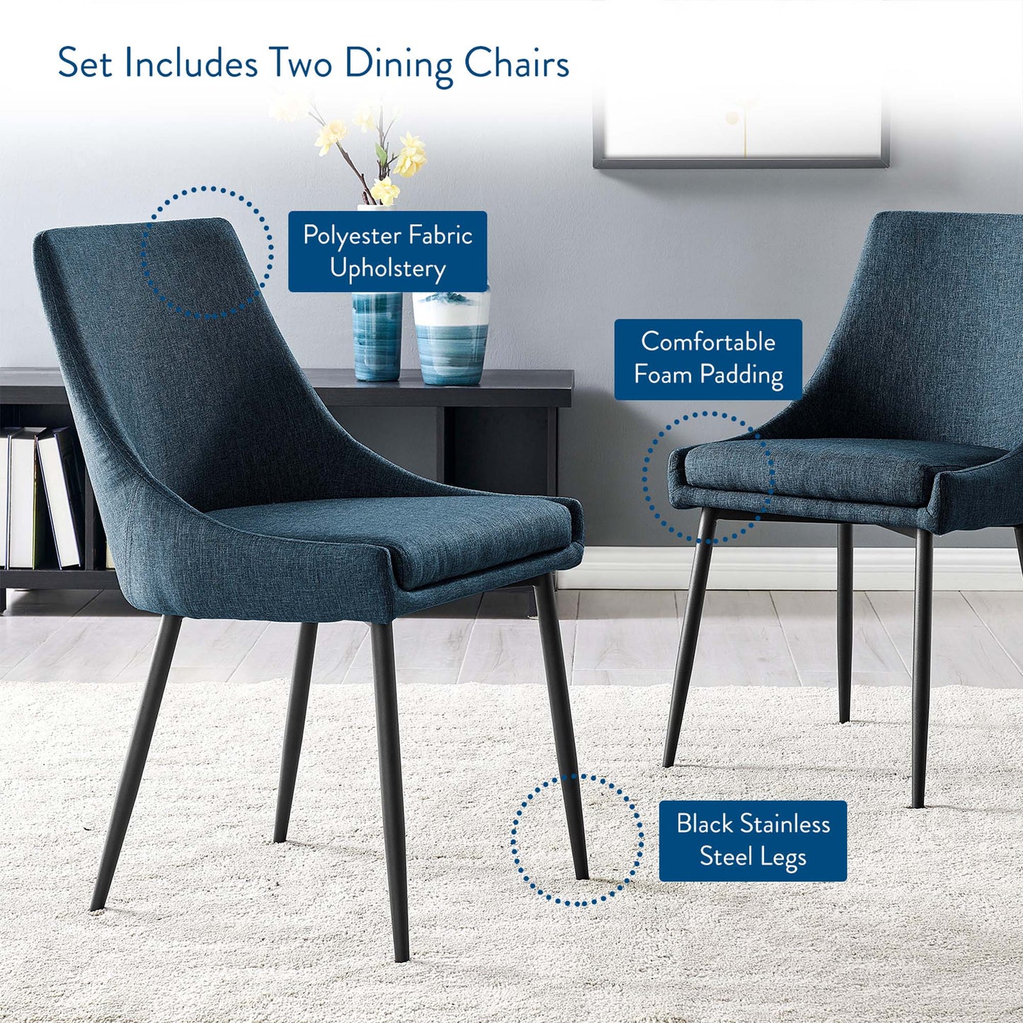 Viscount Upholstered Fabric Dining Chairs Set of 2 by Modway EEI-3809-BLK-AZU