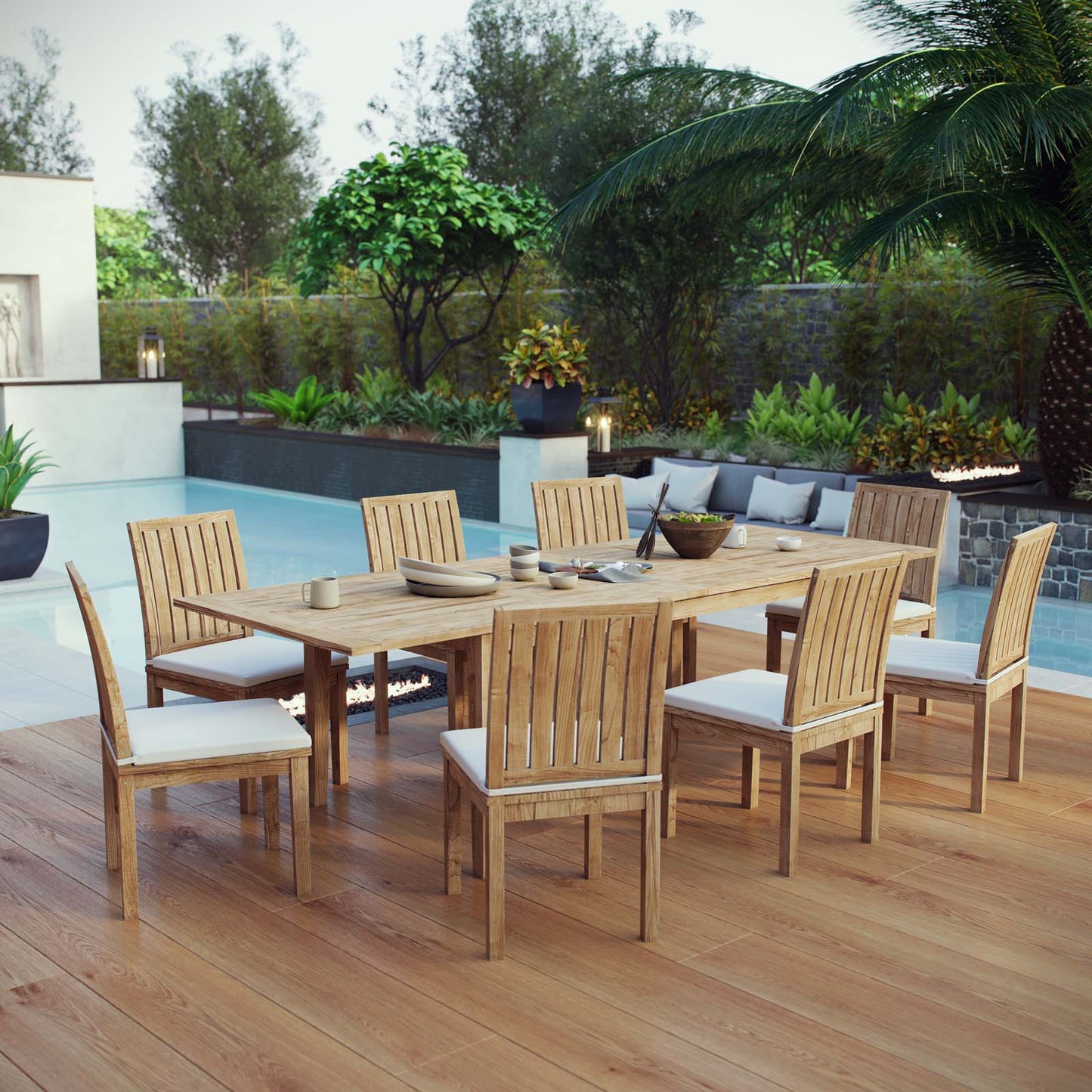 Marina 9 Piece Outdoor Patio Teak Dining Set by Modway EEI-4033-NAT-WHI-SET