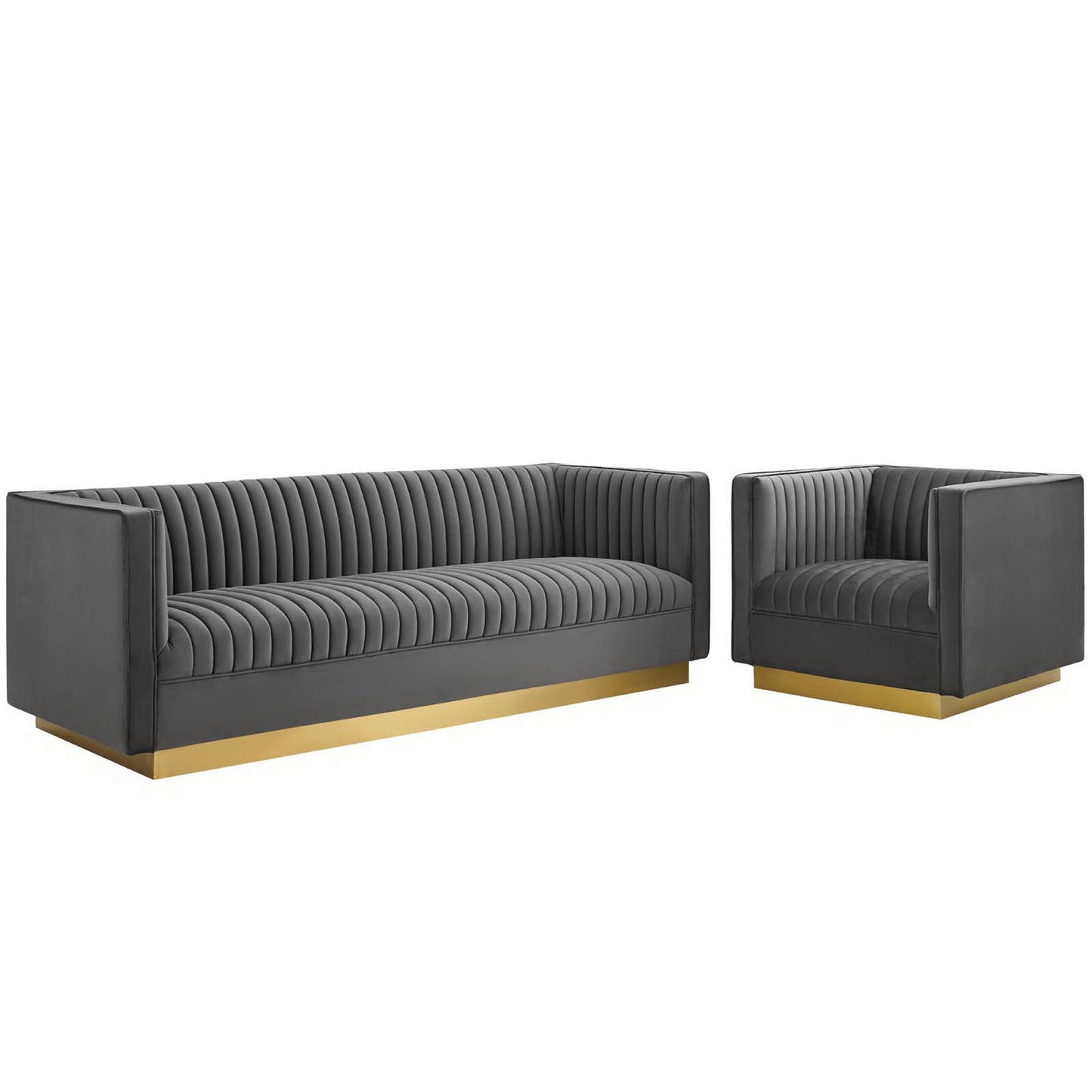 Sanguine Vertical Channel Tufted Upholstered Performance Velvet Sofa and Armchair Set by Modway EEI-4143-GRY-SET