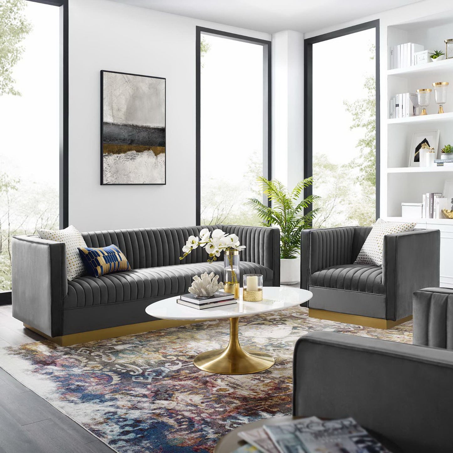 Sanguine Vertical Channel Tufted Upholstered Performance Velvet Sofa and Armchair Set by Modway EEI-4143-GRY-SET