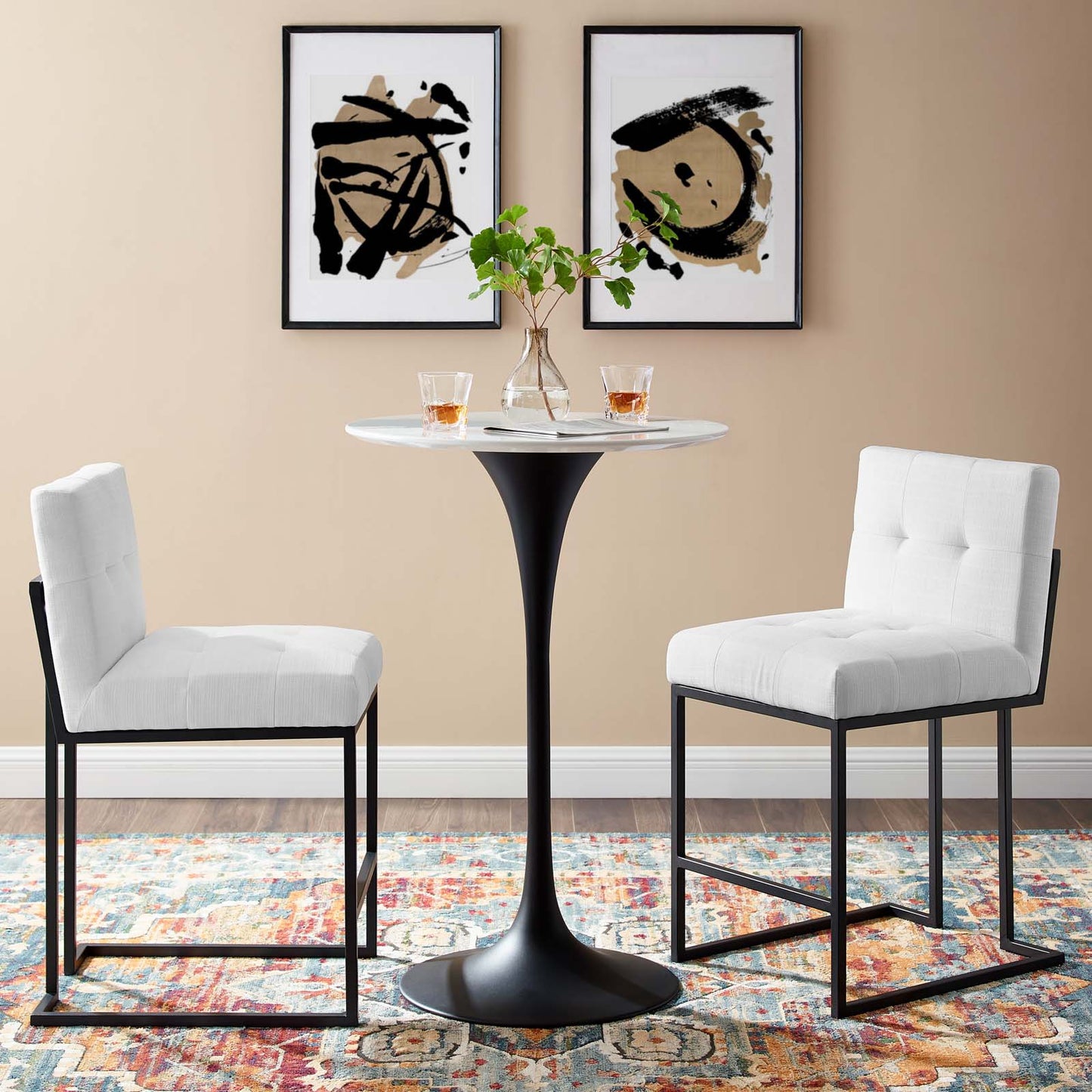 Privy Black Stainless Steel Upholstered Fabric Counter Stool Set of 2 by Modway EEI-4156-BLK-WHI
