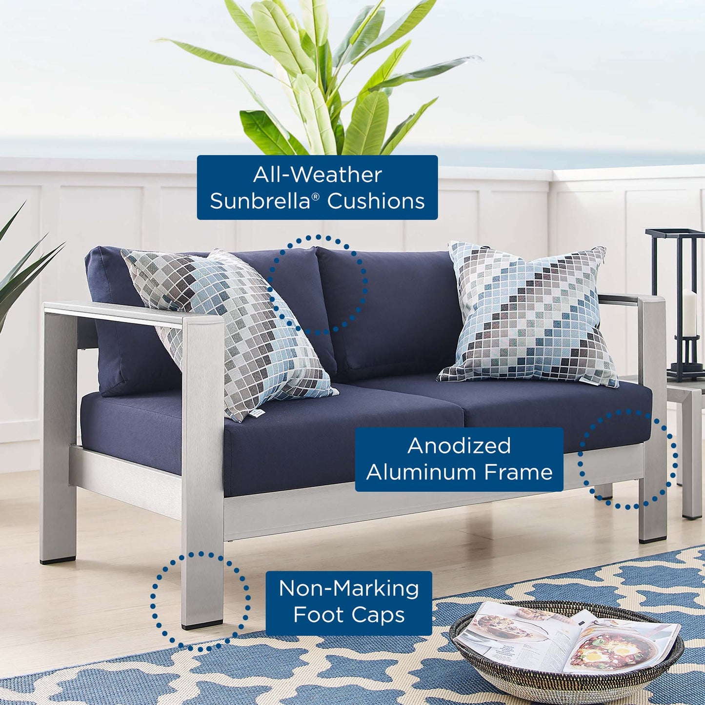 Shore Sunbrella® Fabric Aluminum Outdoor Patio Loveseat by Modway EEI-4226-SLV-NAV