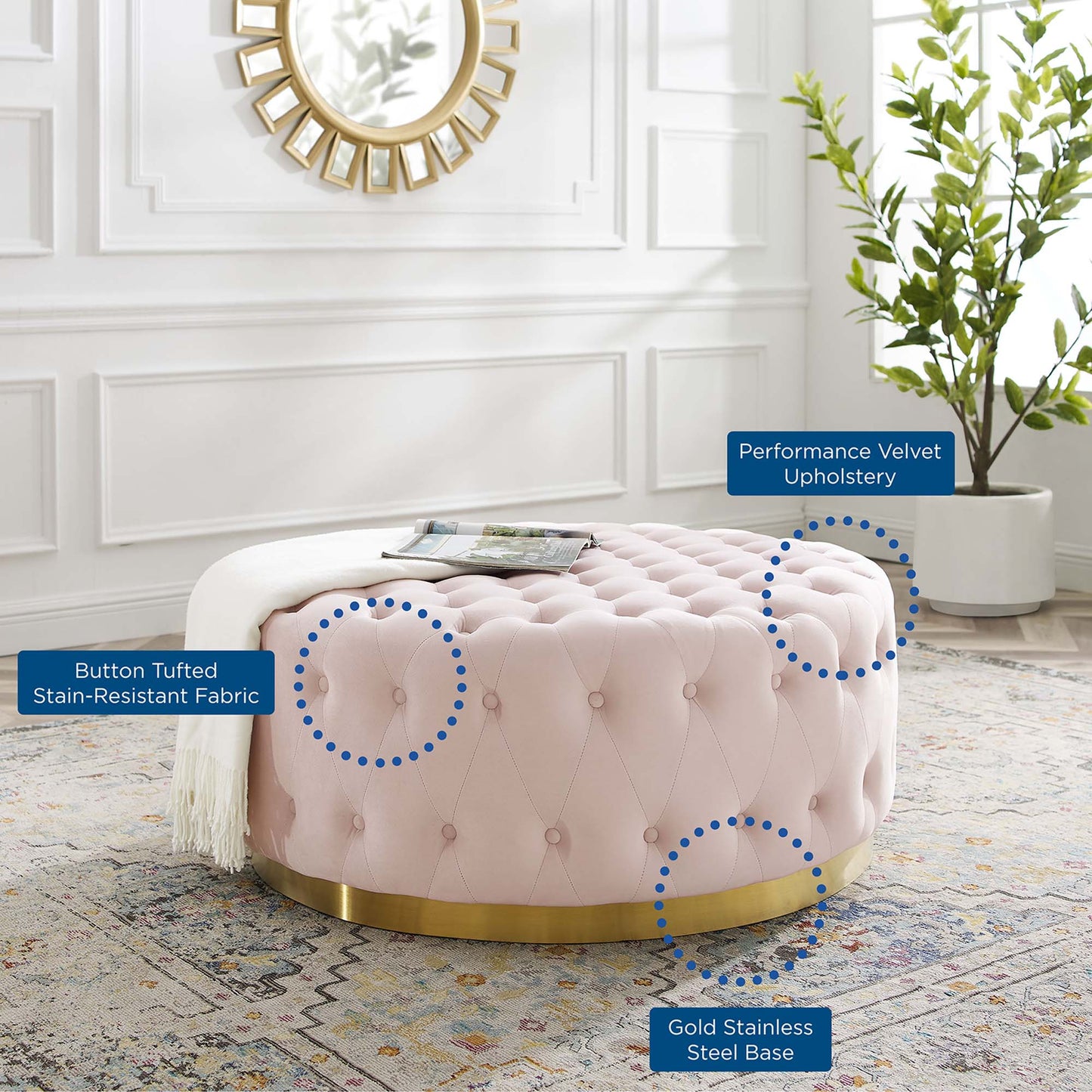 Ensconce Tufted Performance Velvet Round Ottoman by Modway EEI-4326-PNK