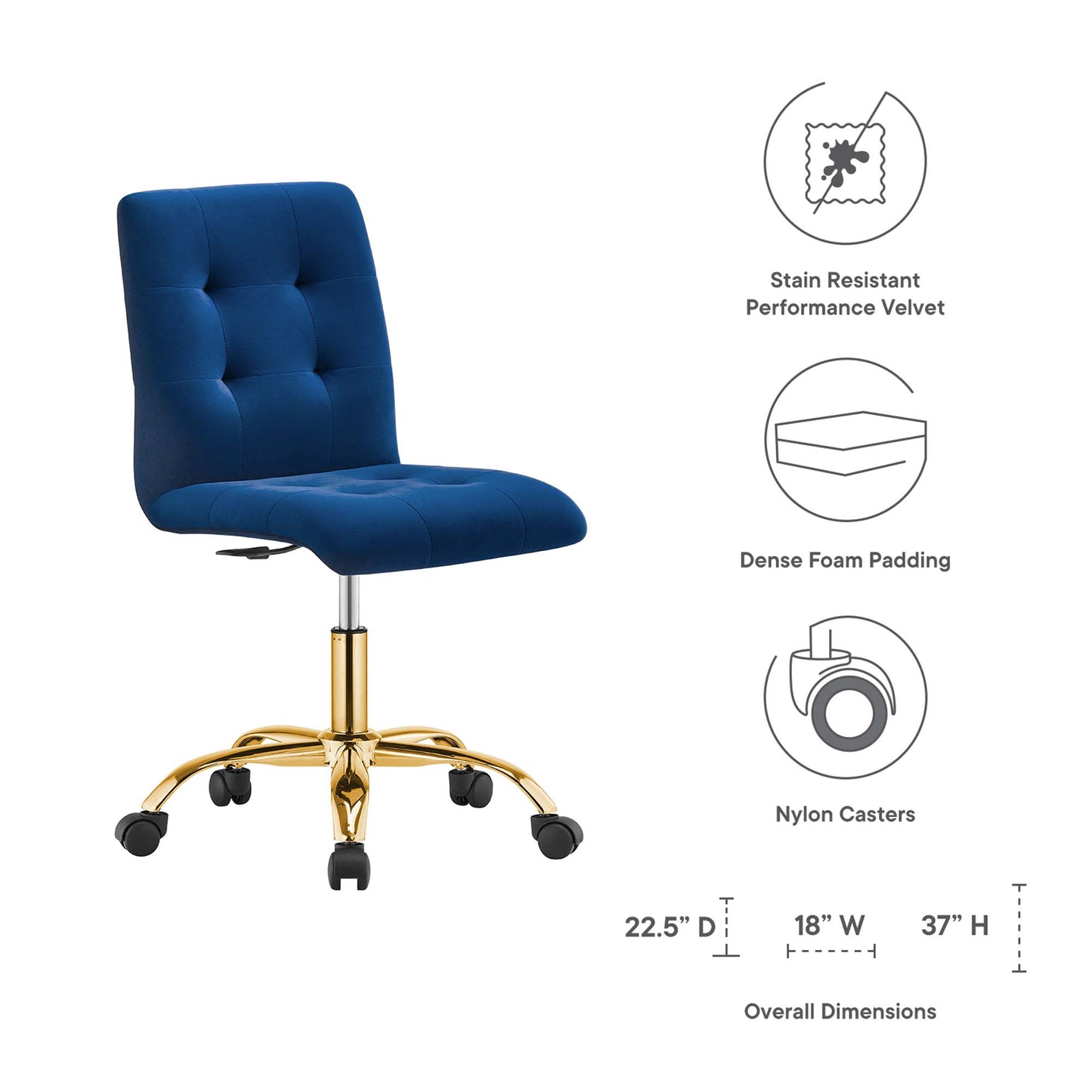 Prim Armless Performance Velvet Office Chair by Modway EEI-4973-GLD-NAV