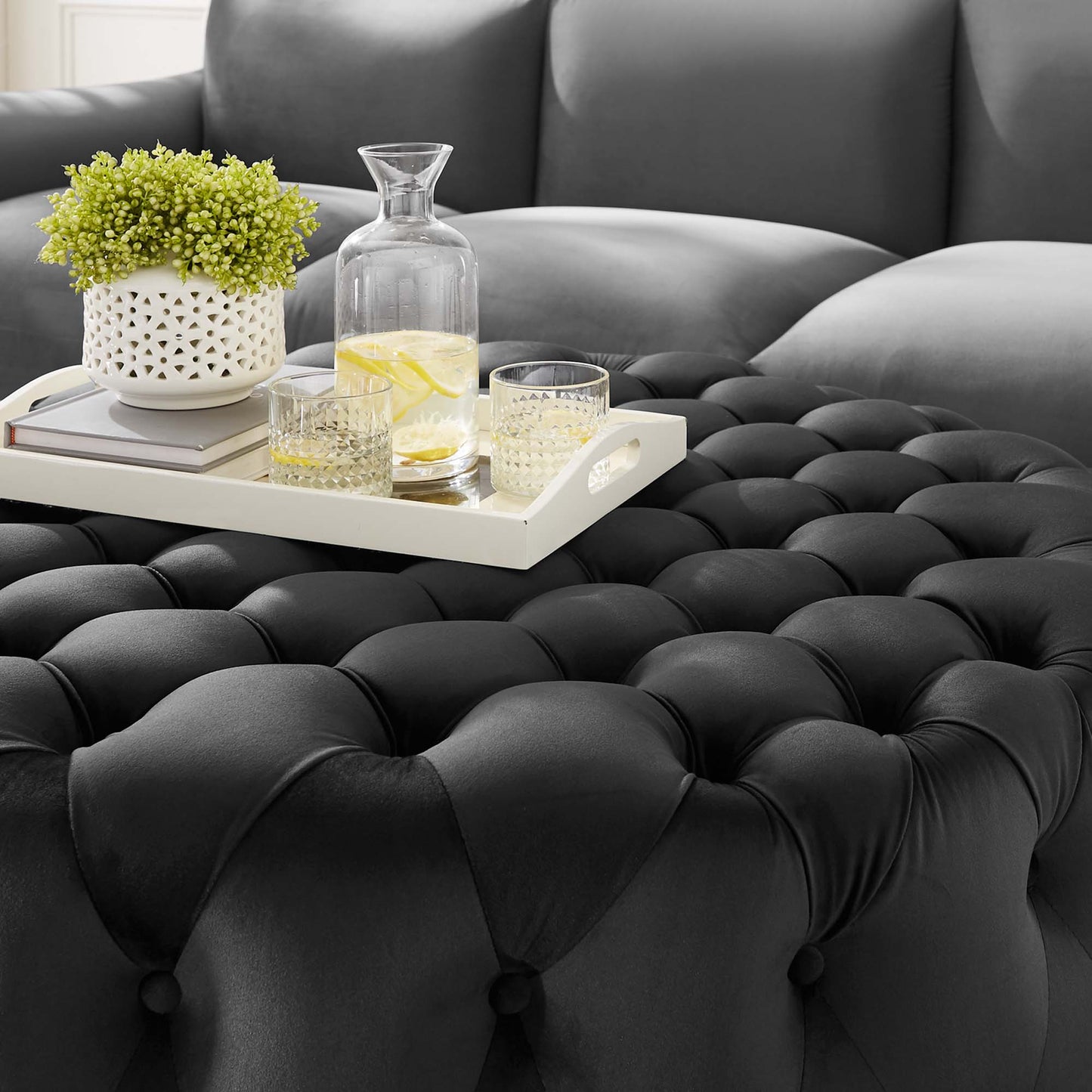 Amour Tufted Button Large Round Performance Velvet Ottoman by Modway EEI-5469-BLK
