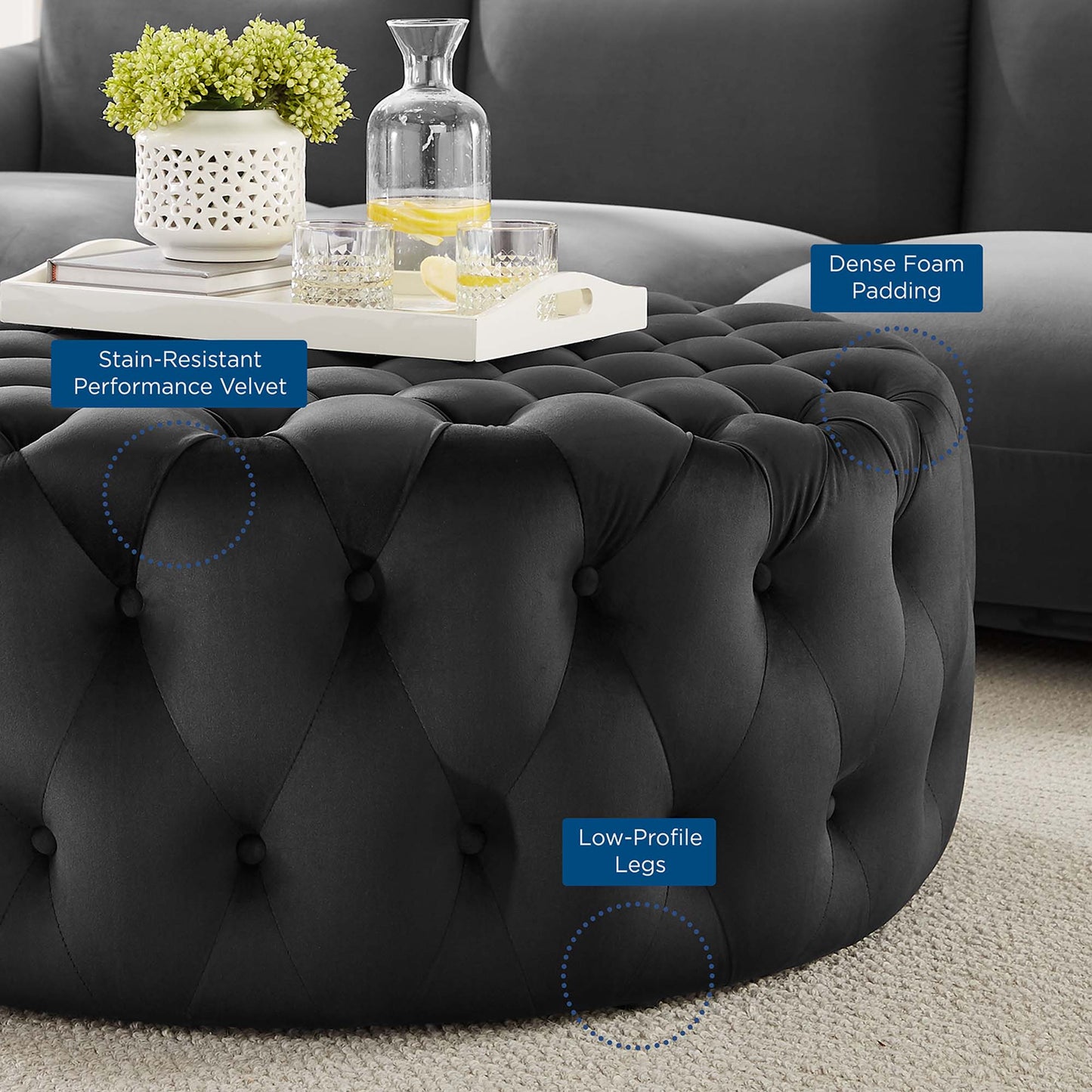 Amour Tufted Button Large Round Performance Velvet Ottoman by Modway EEI-5469-BLK