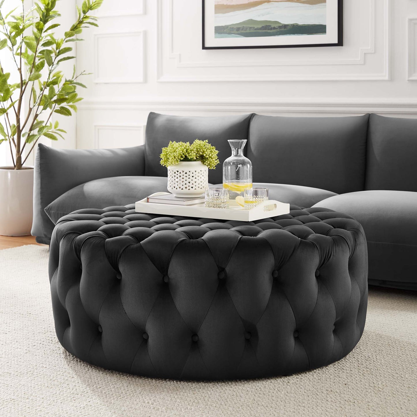 Amour Tufted Button Large Round Performance Velvet Ottoman by Modway EEI-5469-BLK