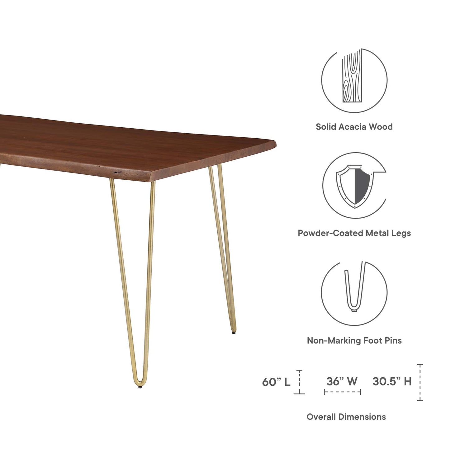 Ardor 60" Live Edge Acacia Wood Acacia Wood Dining Table by Modway EEI-6059-GLD-WAL