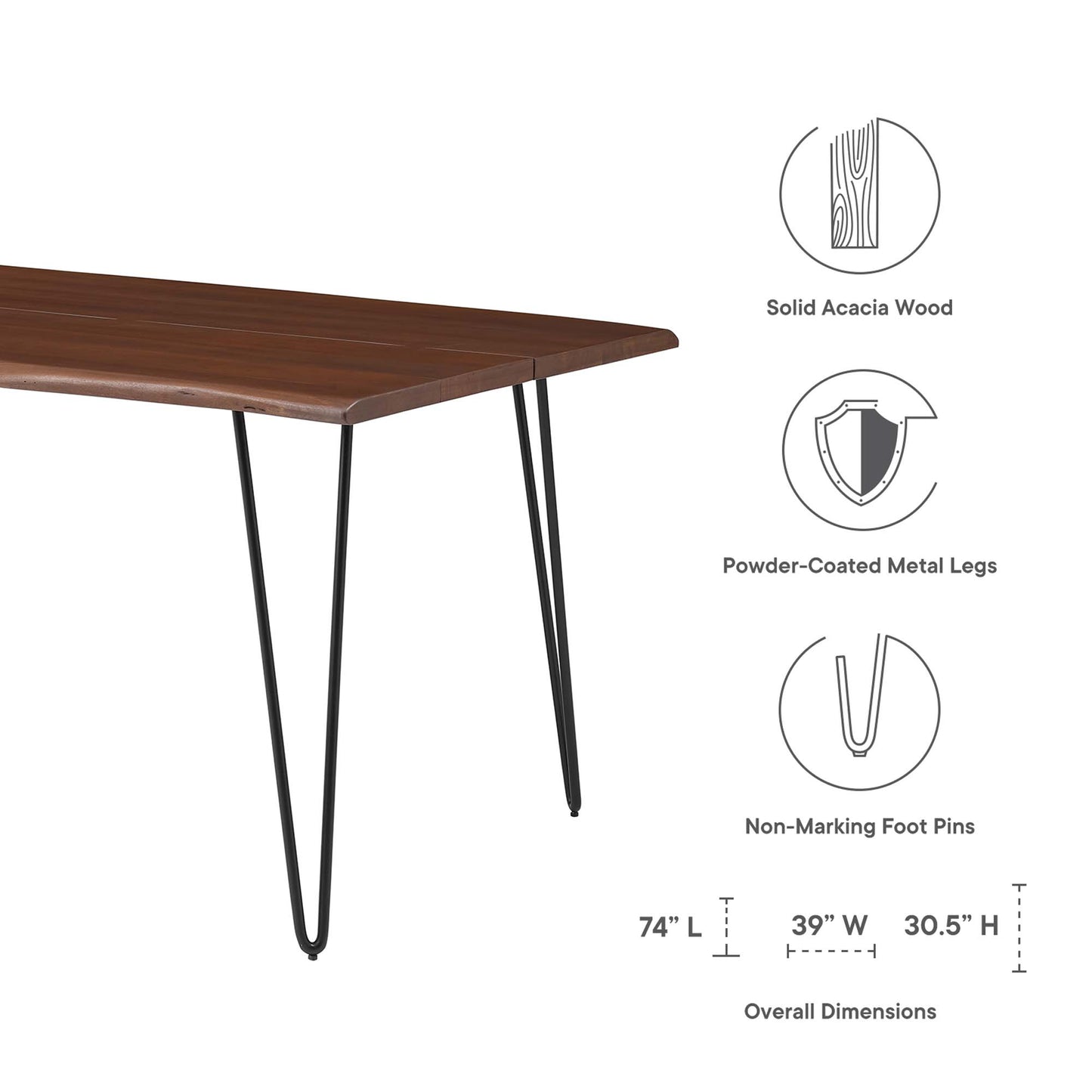 Ardor 74" Live Edge Acacia Wood Acacia Wood Dining Table by Modway EEI-6070-BLK-WAL