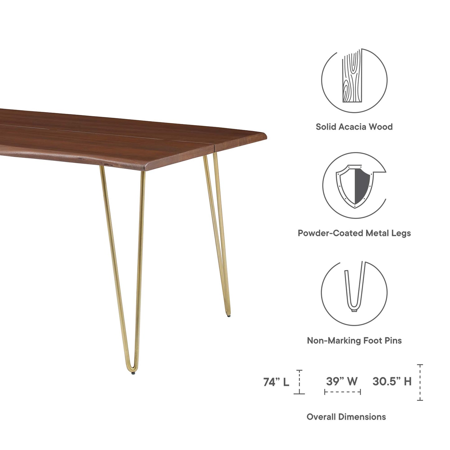Ardor 74" Live Edge Acacia Wood Acacia Wood Dining Table by Modway EEI-6070-GLD-WAL