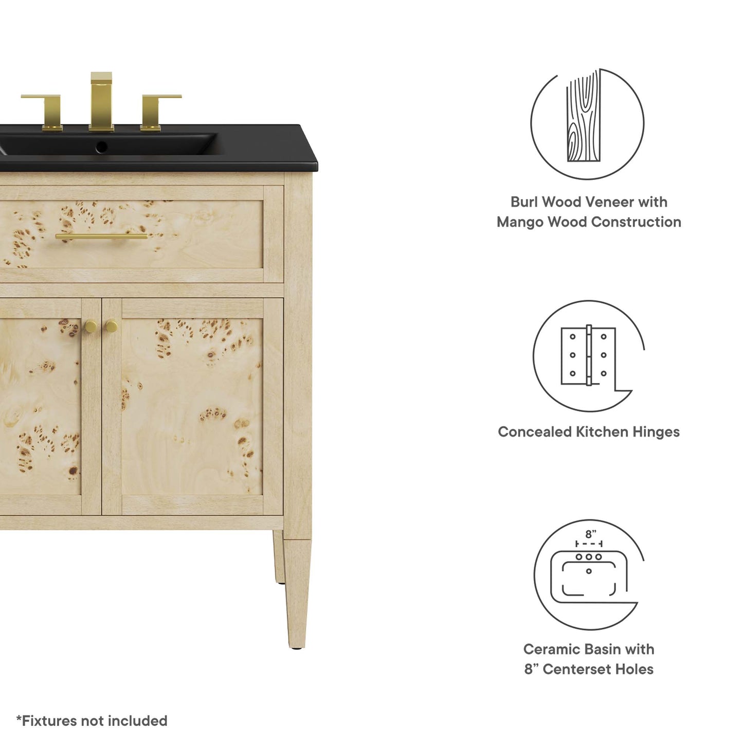 Elysian 30" Wood Bathroom Vanity by Modway EEI-6445-BLK-BUR