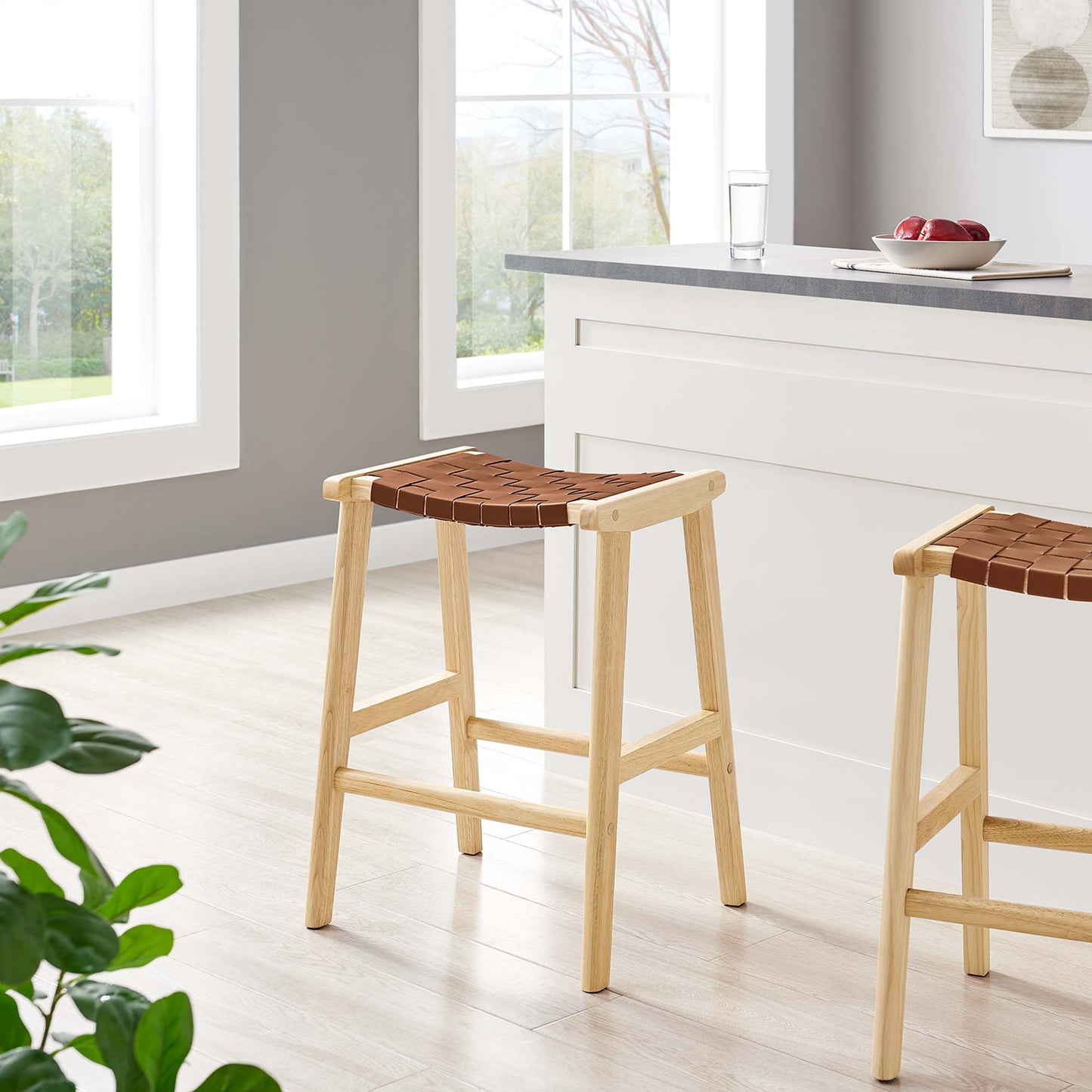 Saoirse Faux Leather Wood Counter Stool Set of 2 by Modway EEI-6547-NAT-BRN