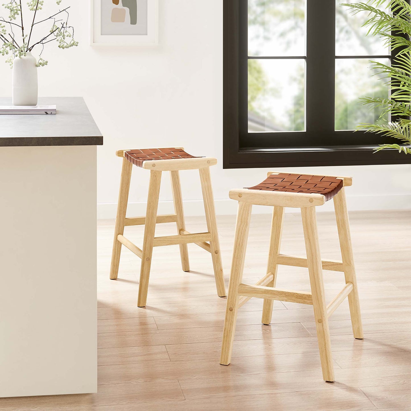 Saoirse Faux Leather Wood Counter Stool Set of 2 by Modway EEI-6547-NAT-BRN