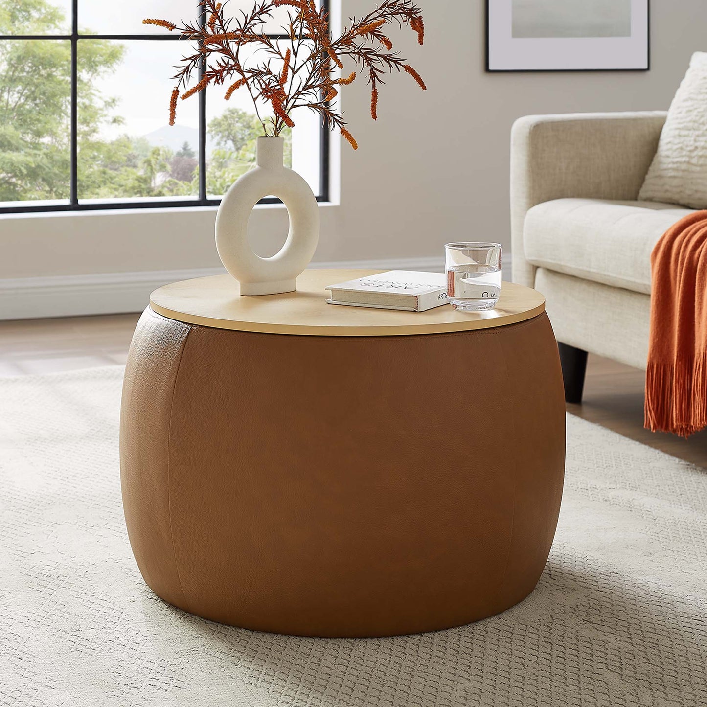 Perla Round Vegan Leather Storage Ottoman by Modway EEI-6687-TAN