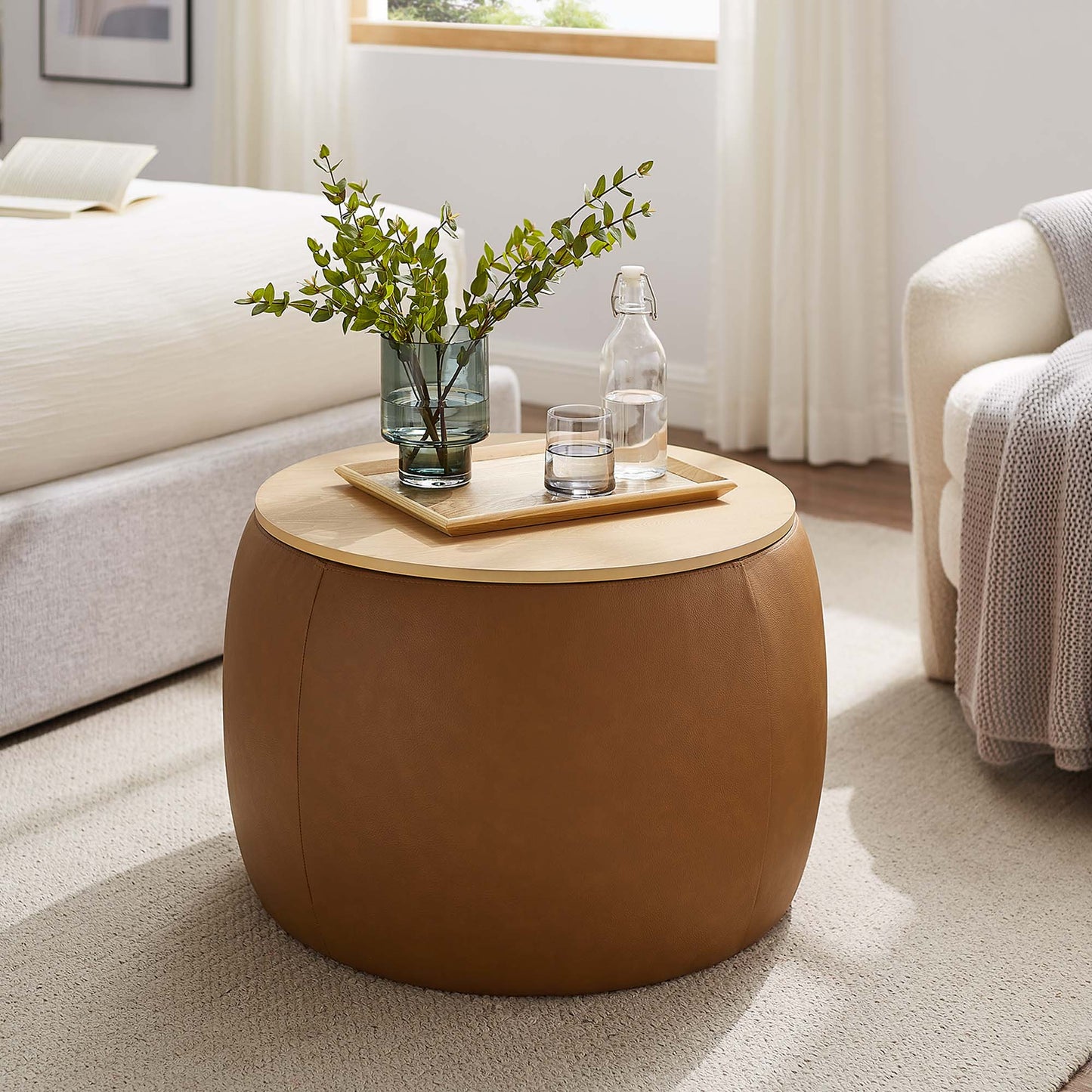 Perla Round Vegan Leather Storage Ottoman by Modway EEI-6687-TAN