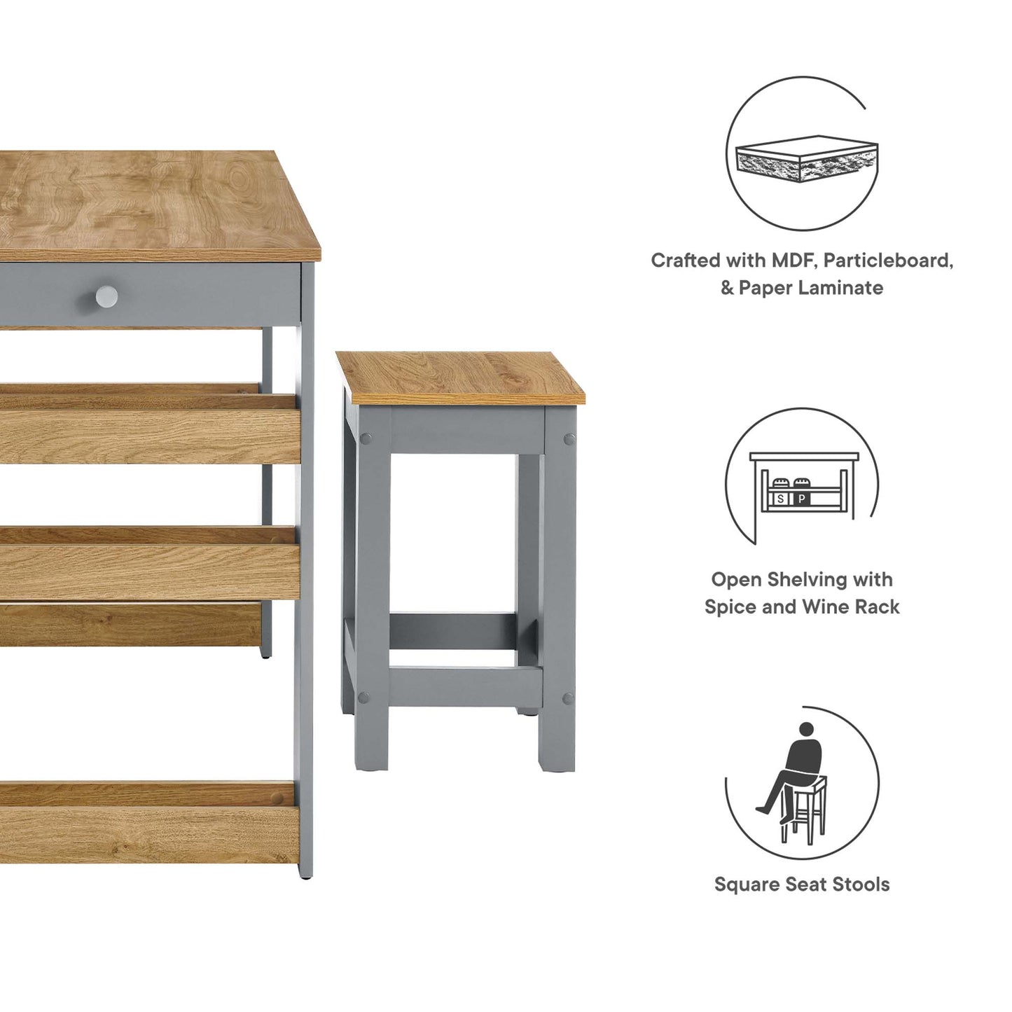 Galley 3-Piece Kitchen Island and Stool Set by Modway EEI-6730-OAK-GRY
