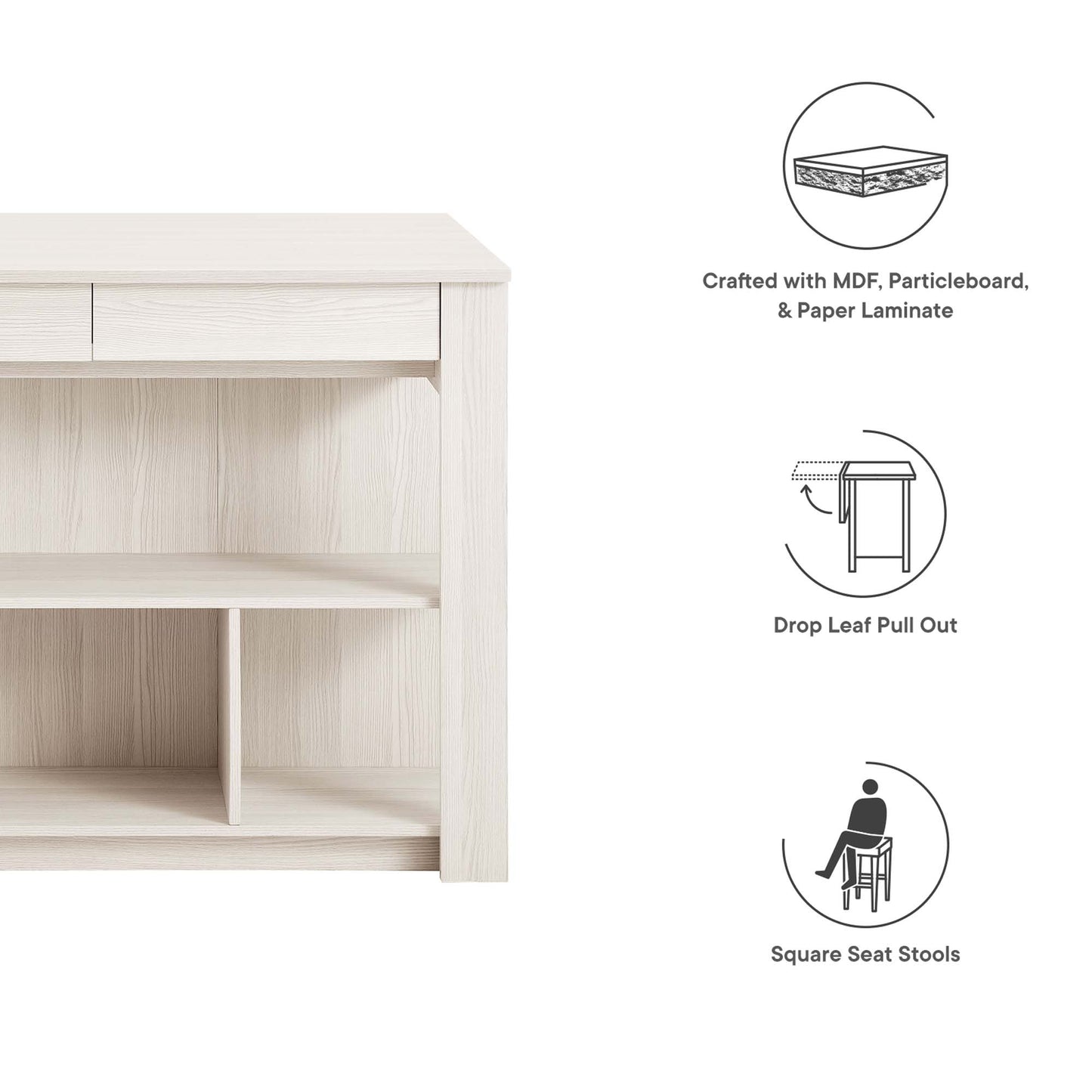 Meadowbrook 3-Piece Kitchen Island and Stool Set by Modway EEI-6731-WMA