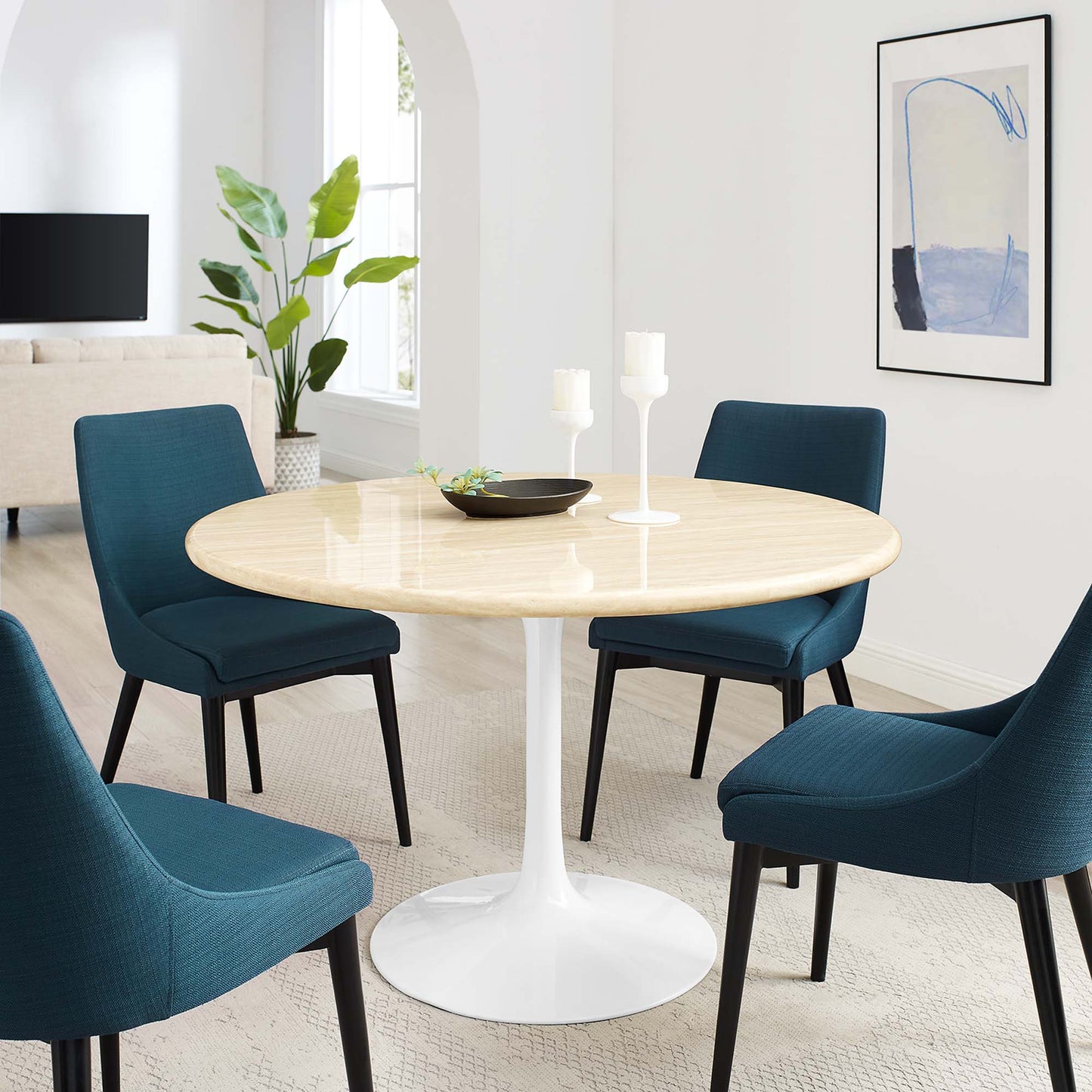 Lippa 48" Round Faux Travertine Dining Table by Modway EEI-6754-WHI-TRA